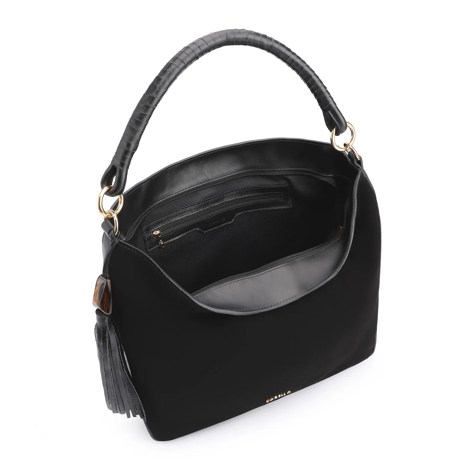 Bolsa Hobo Couro Camurça Preto/Couro Preto