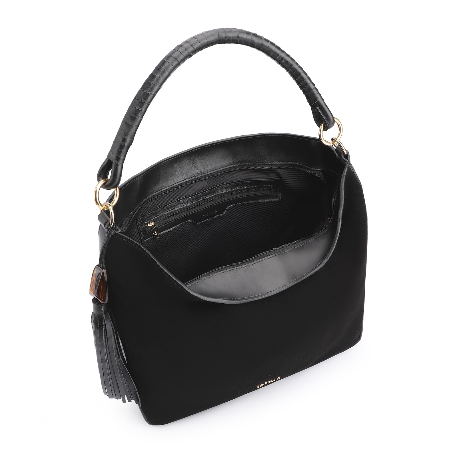 Bolsa Hobo Couro Camurça Preto/Couro Preto