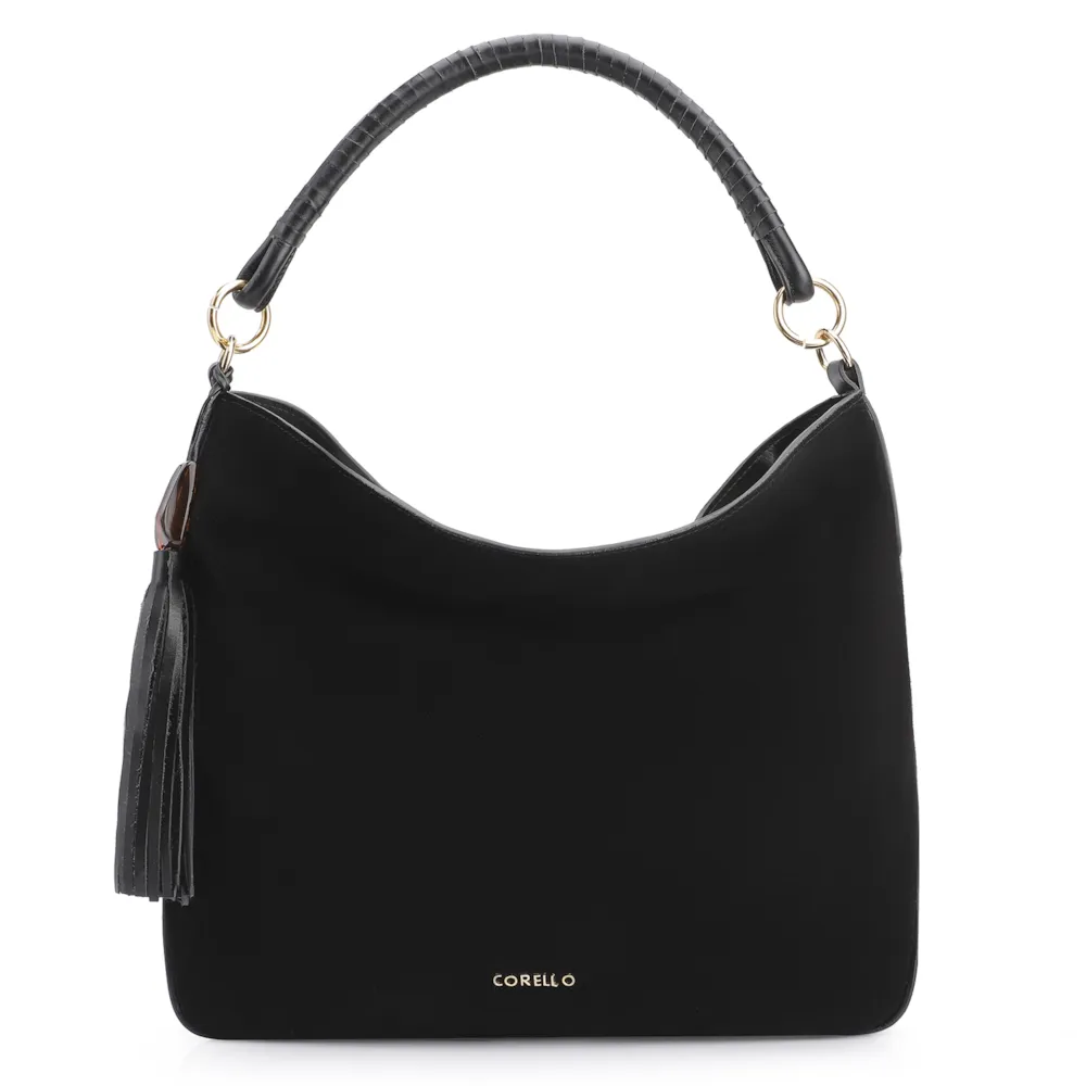 Bolsa Hobo Couro Camurça Preto/Couro Preto