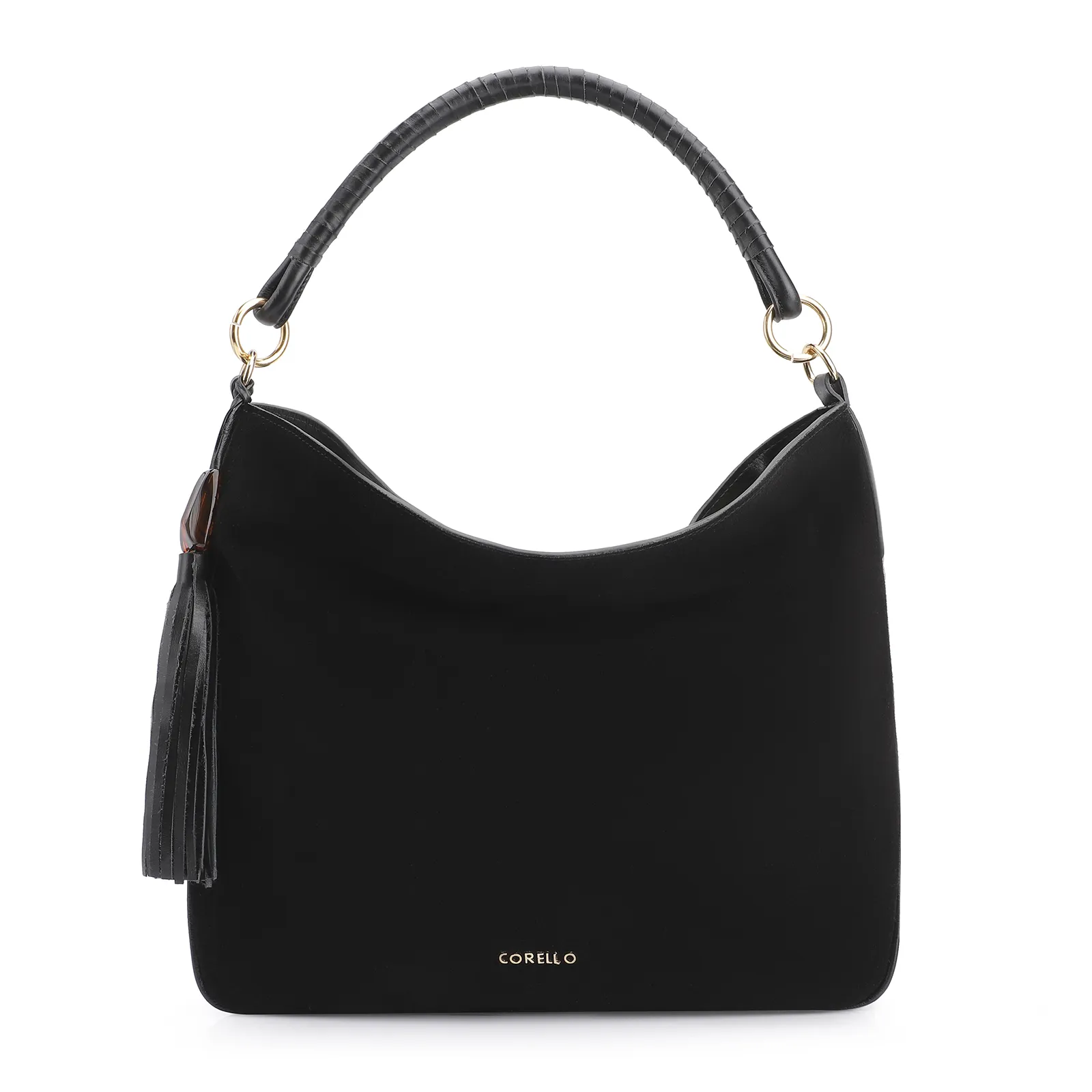Bolsa Hobo Couro Camurça Preto/Couro Preto