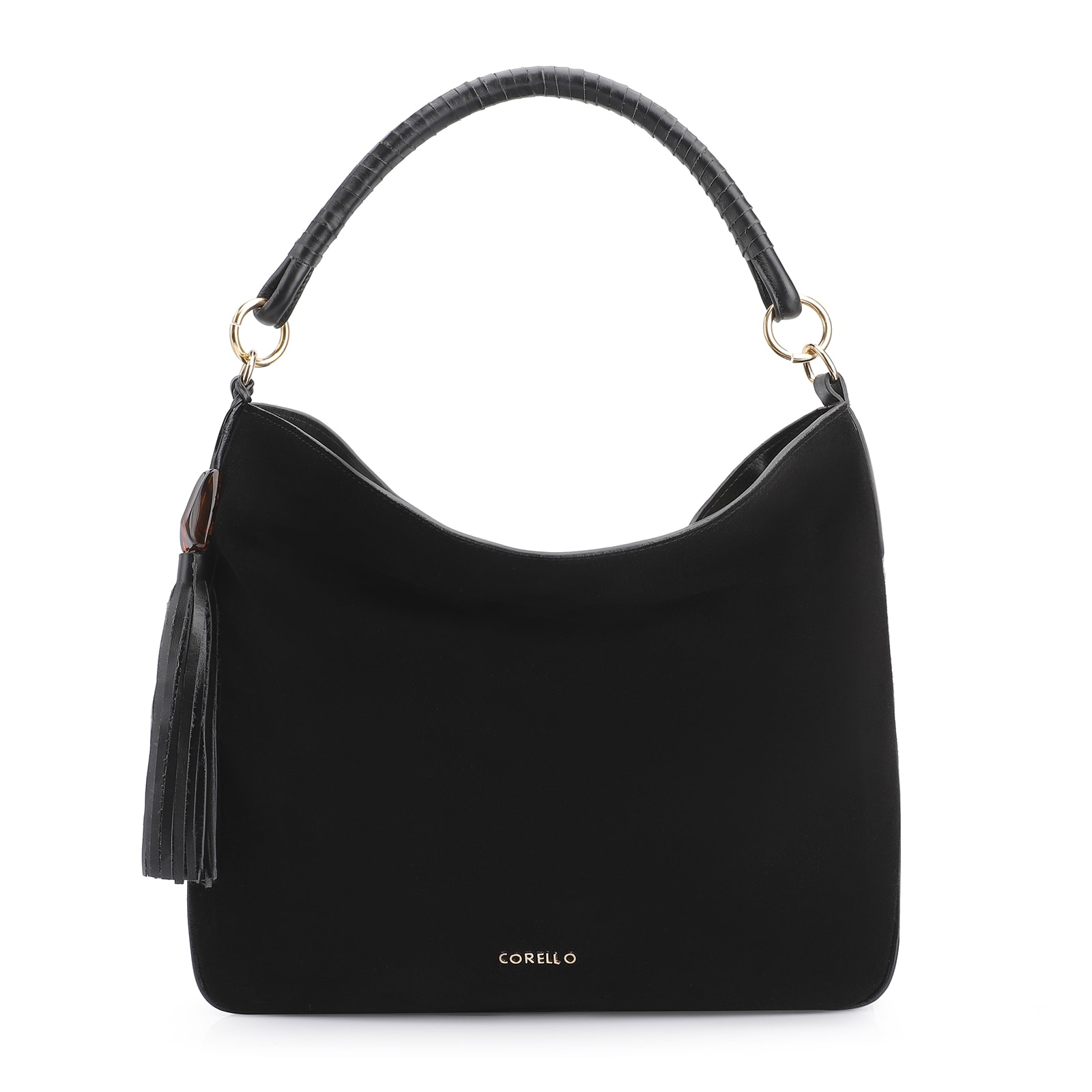 Bolsa Hobo Couro Camurça Preto/Couro Preto