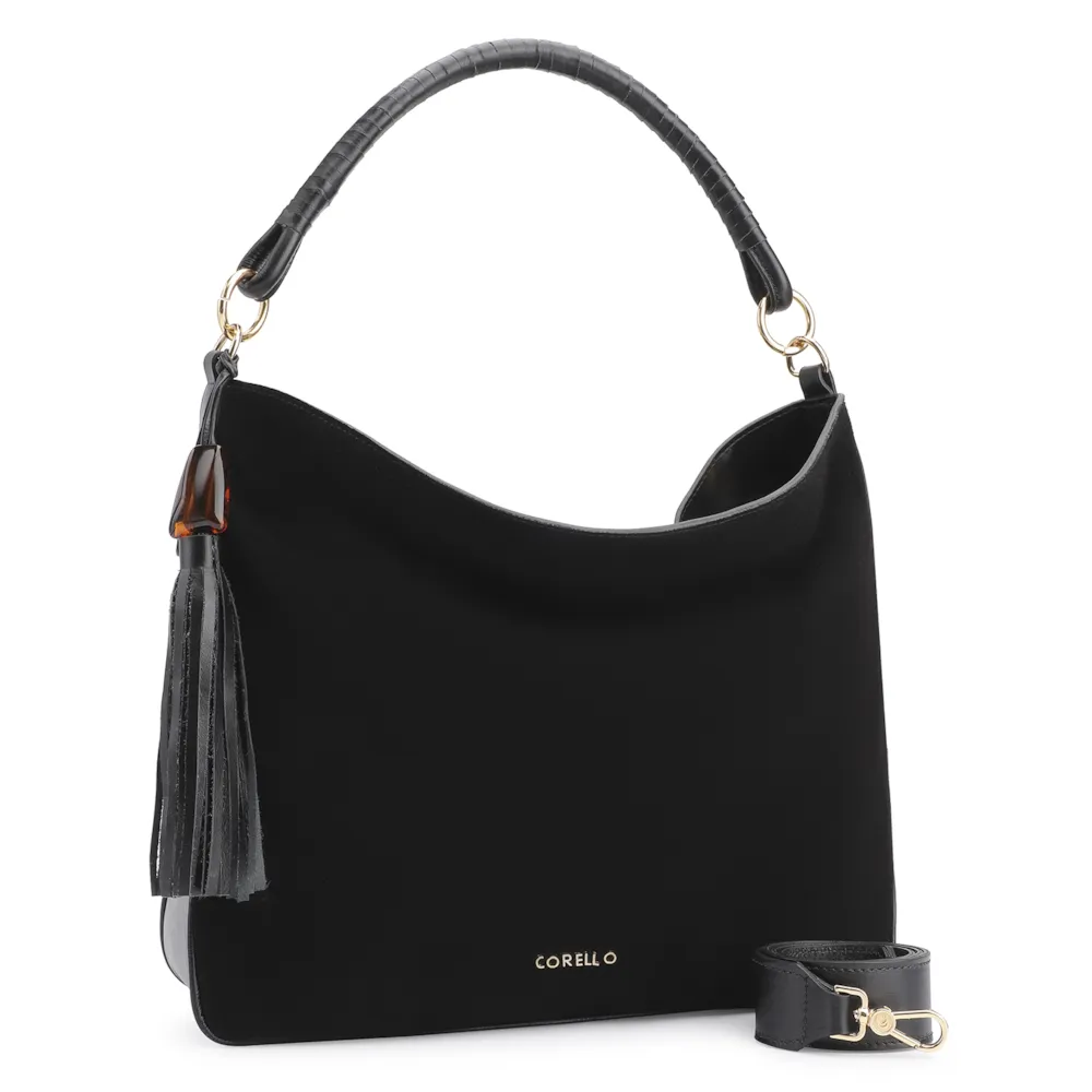 Bolsa Hobo Couro Camurça Preto/Couro Preto - imagem 2