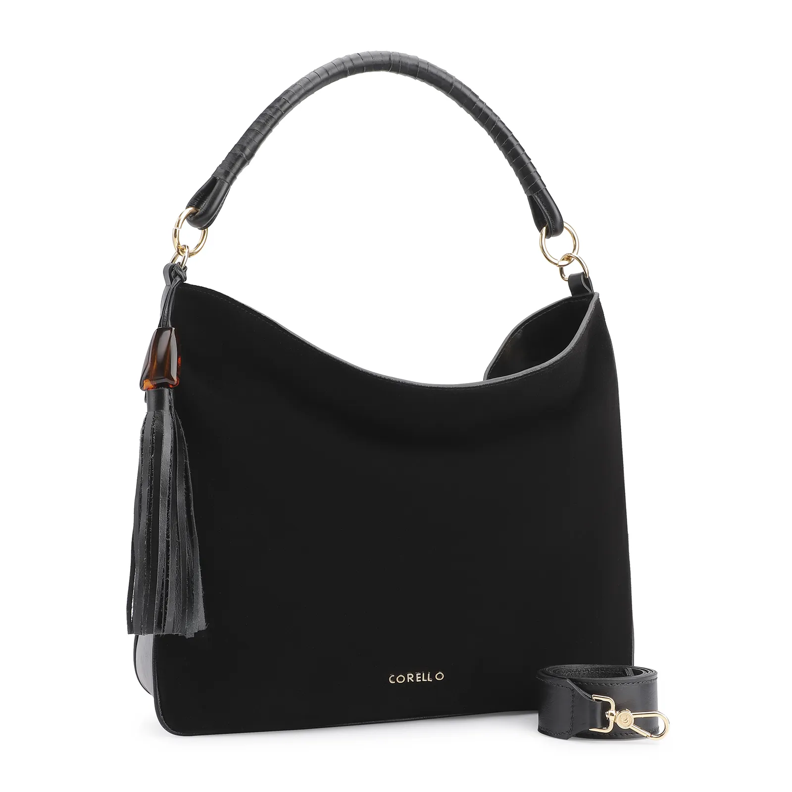 Bolsa Hobo Couro Camurça Preto/Couro Preto