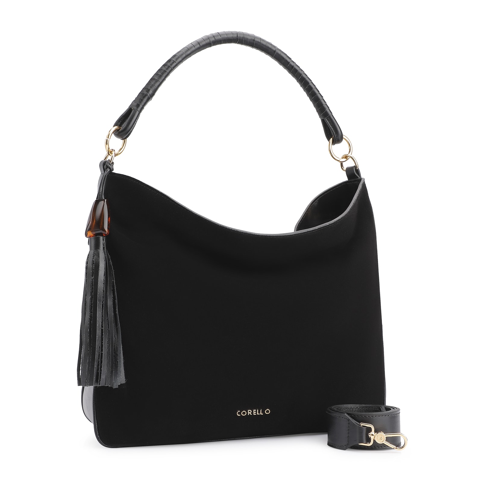 Bolsa Hobo Couro Camurça Preto/Couro Preto