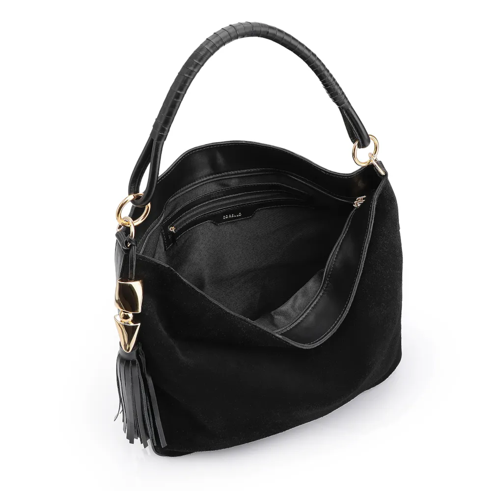 Bolsa Hobo Couro Camurça Preto/Couro Preto - imagem 4