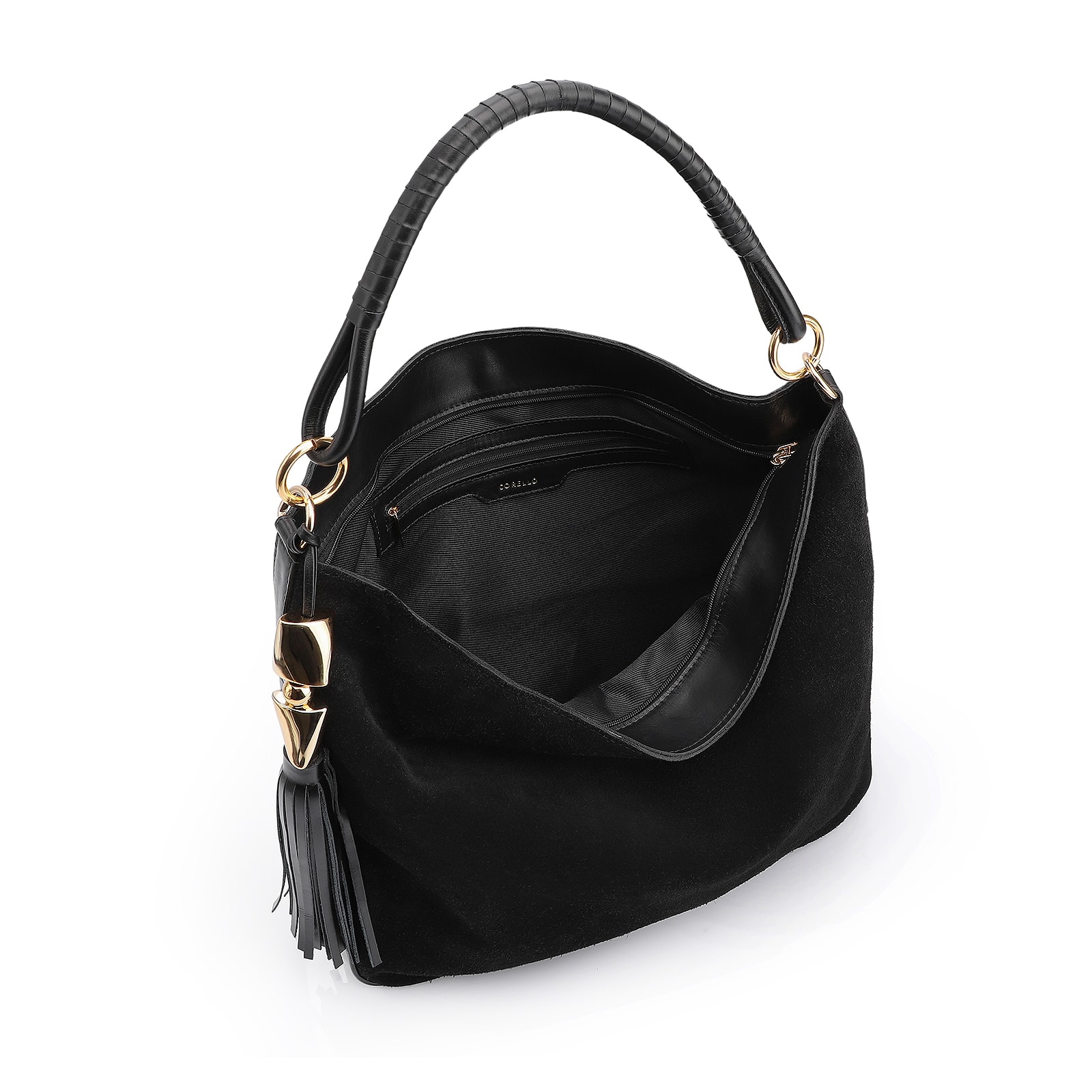 Bolsa Hobo Couro Camurça Preto/Couro Preto