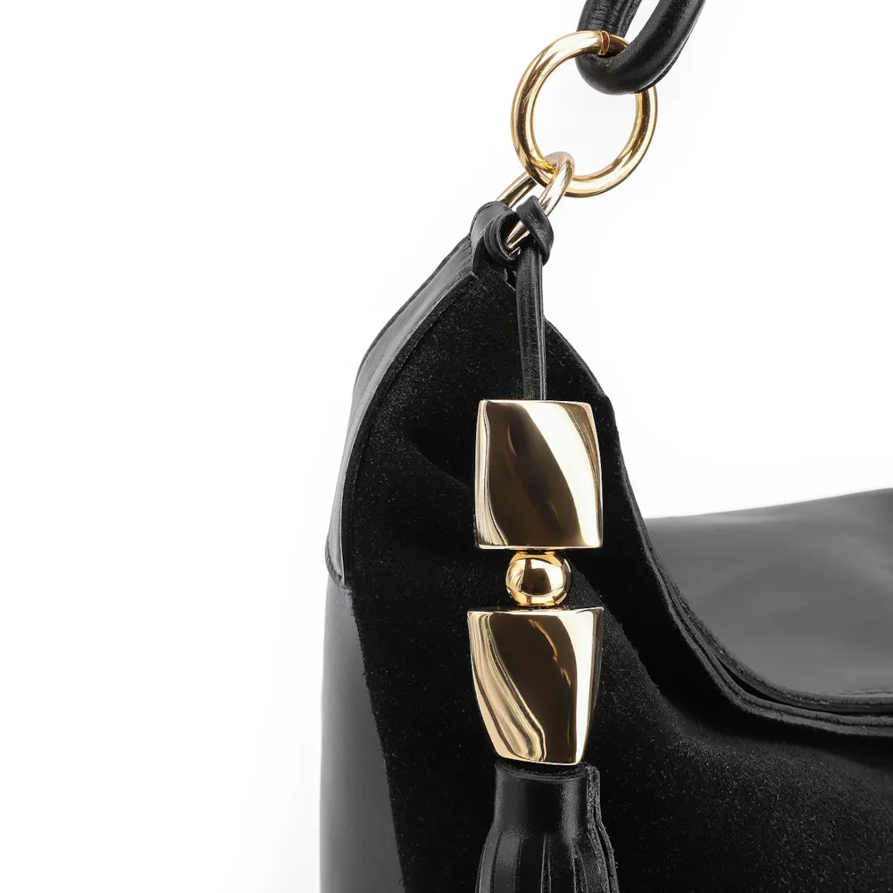 Bolsa Hobo Couro Camurça Preto/Couro Preto - imagem 5