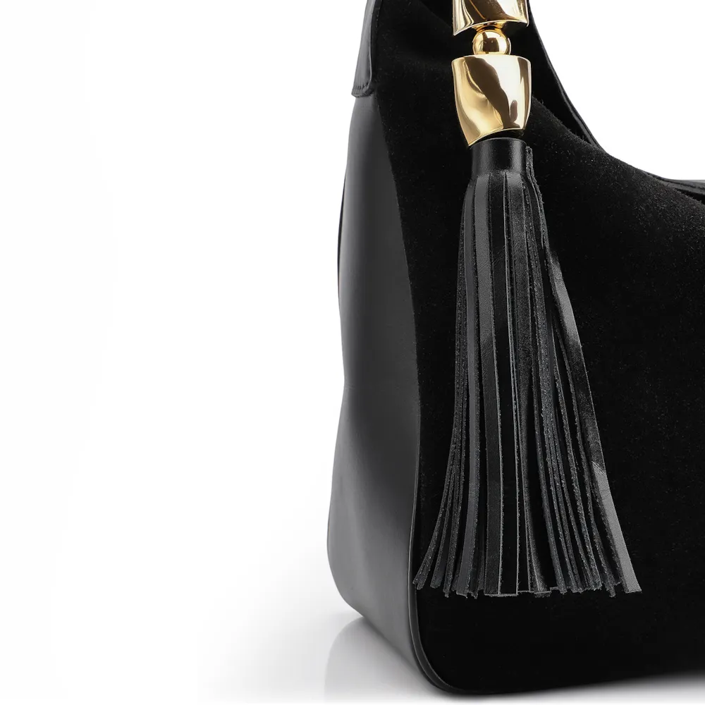 Bolsa Hobo Couro Camurça Preto/Couro Preto - imagem 7