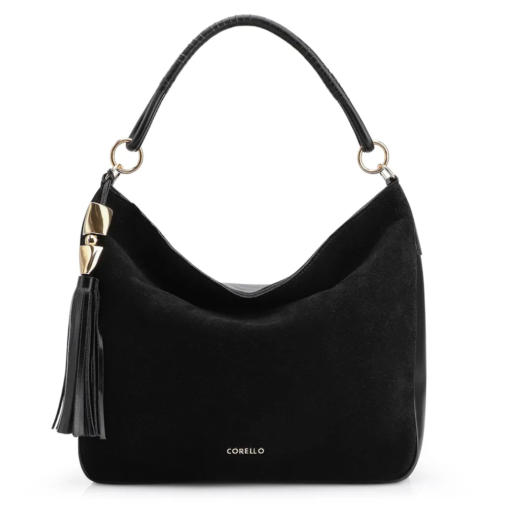 Bolsa Hobo Couro Camurça Preto/Couro Preto