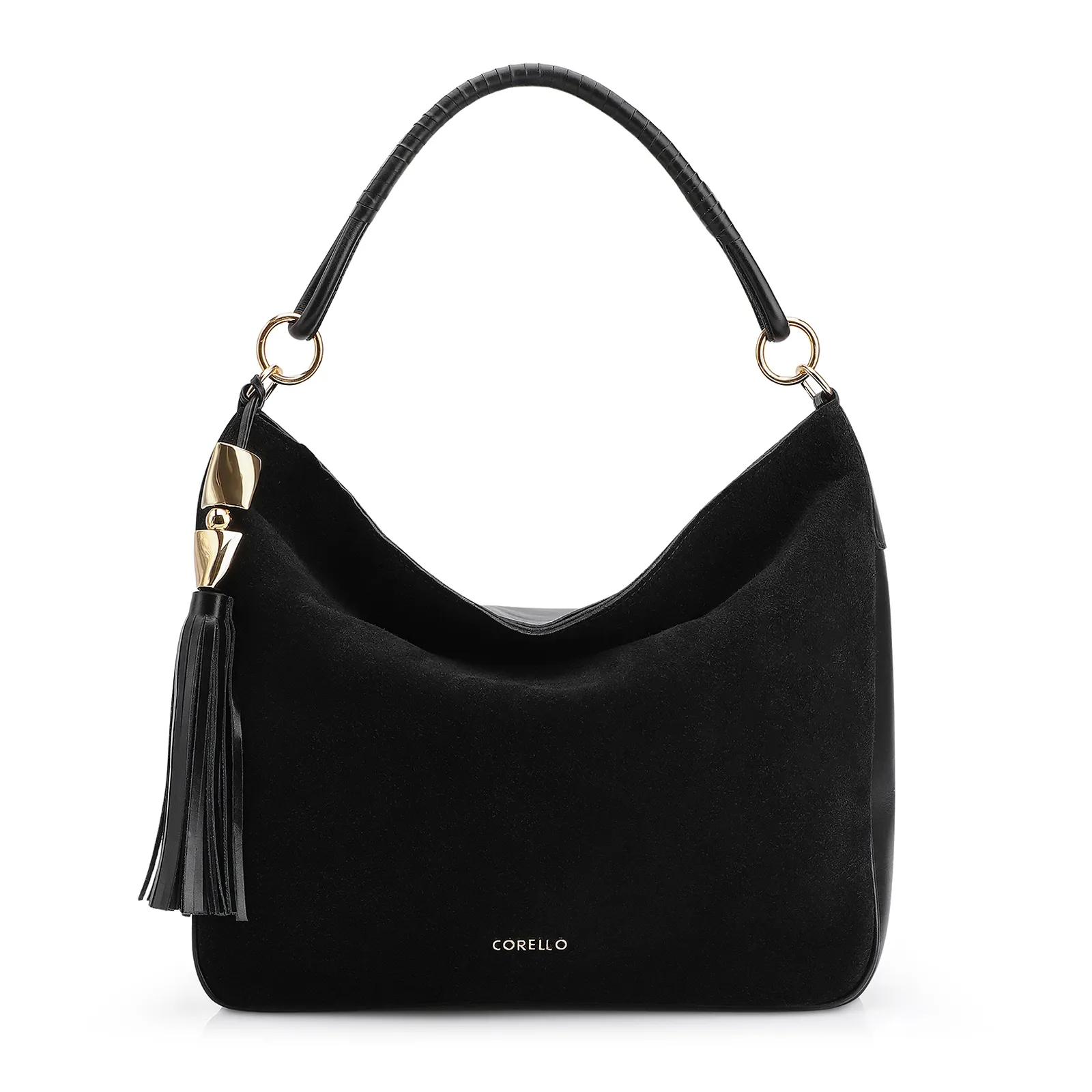 Bolsa Hobo Couro Camurça Preto/Couro Preto