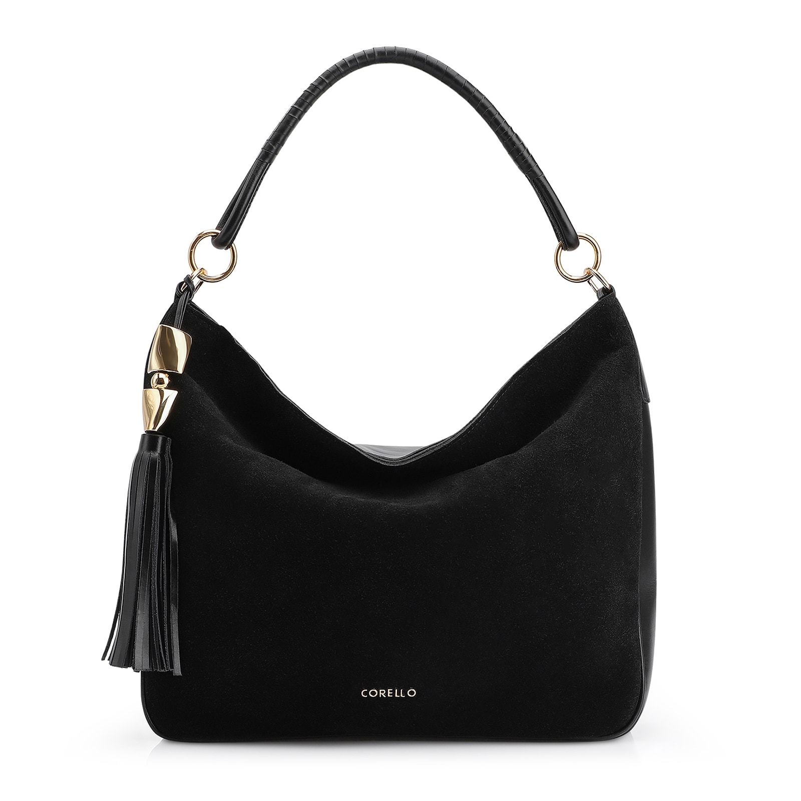 Bolsa Hobo Couro Camurça Preto/Couro Preto