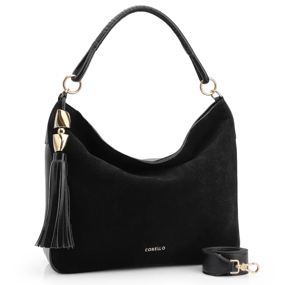Bolsa Hobo Couro Camurça Preto/Couro Preto - imagem 2
