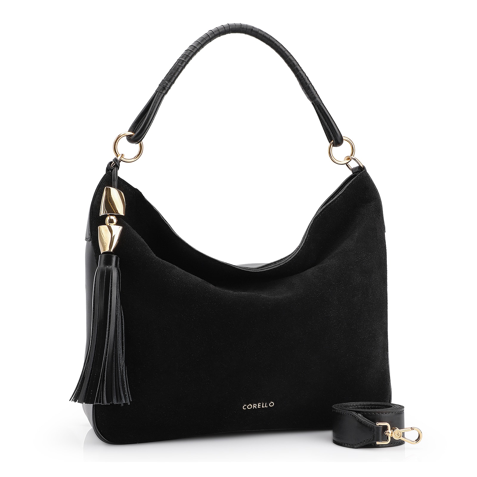 Bolsa Hobo Couro Camurça Preto/Couro Preto