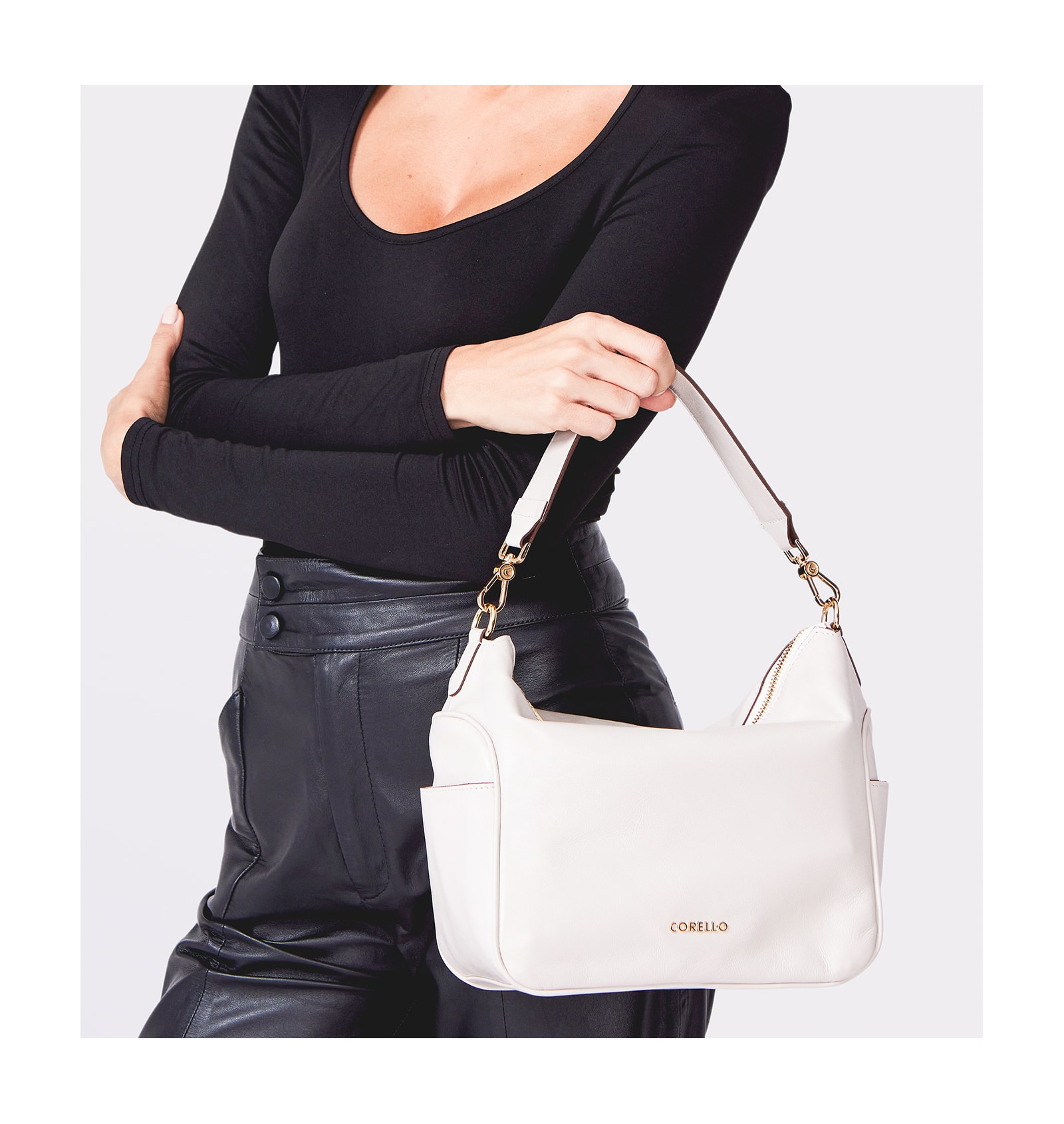 Bolsa Hobo Couro Off White