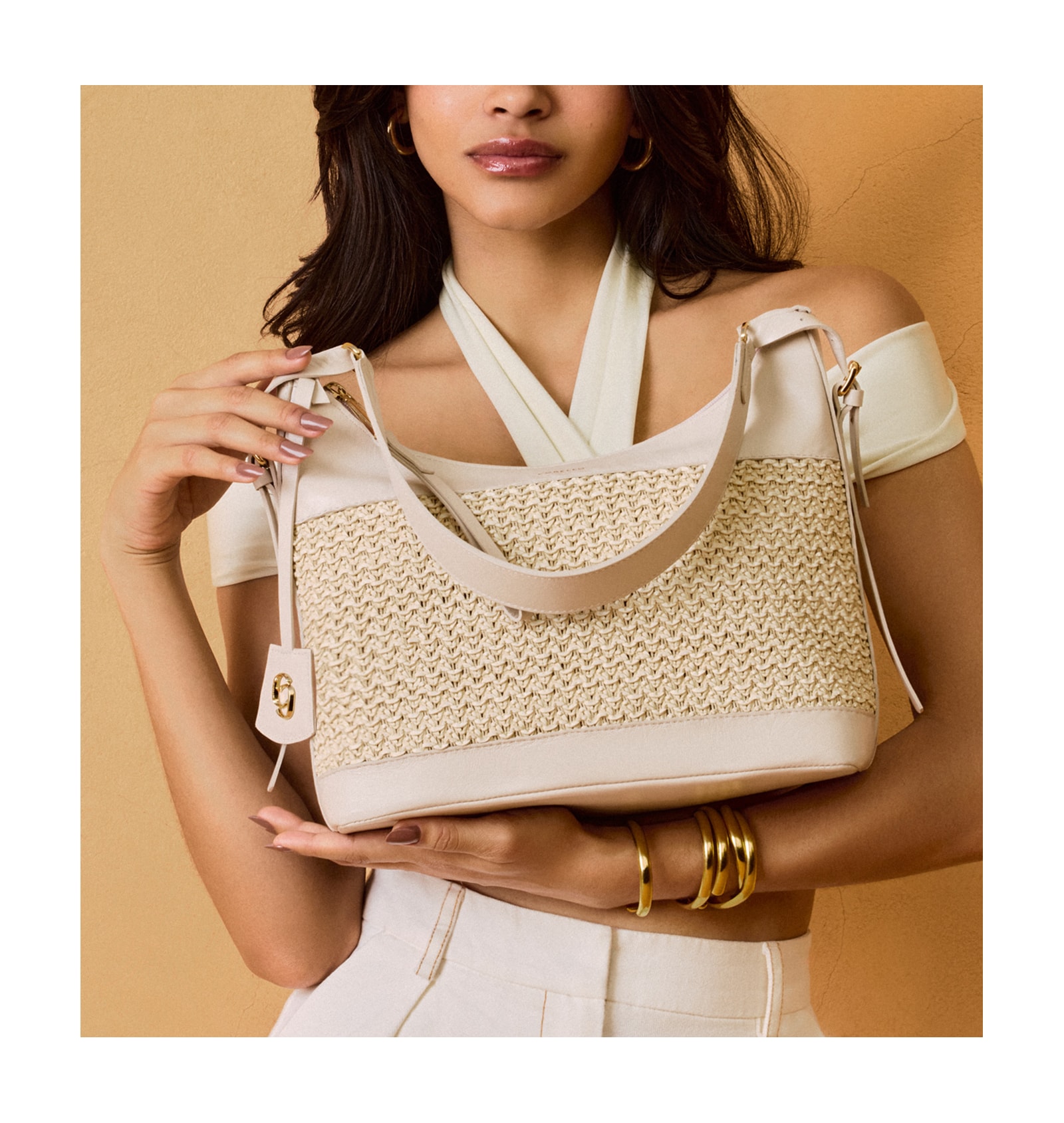 Bolsa Hobo Couro Off White/Crochet Off White