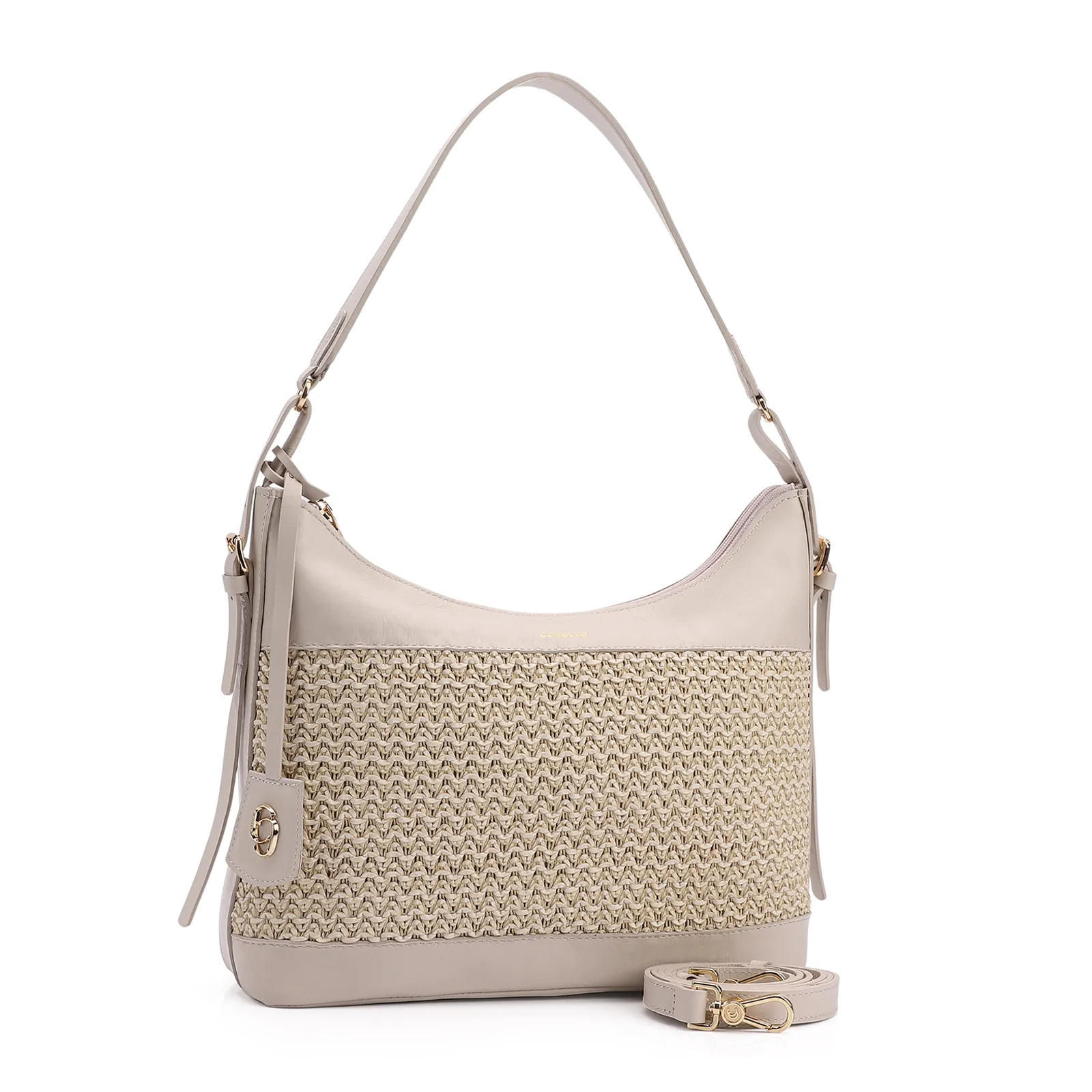 Bolsa Hobo Couro Off White/Crochet Off White