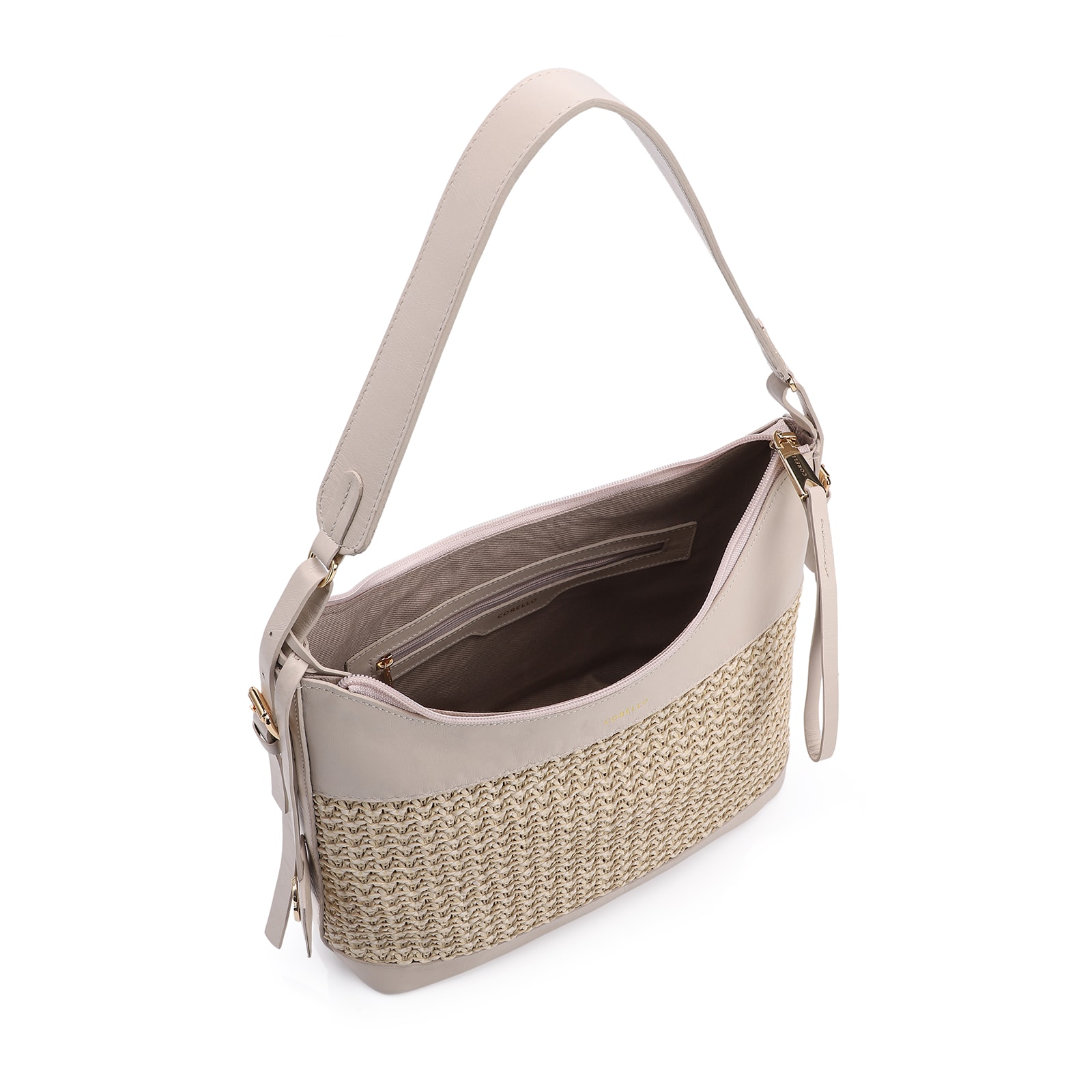 Bolsa Hobo Couro Off White/Crochet Off White