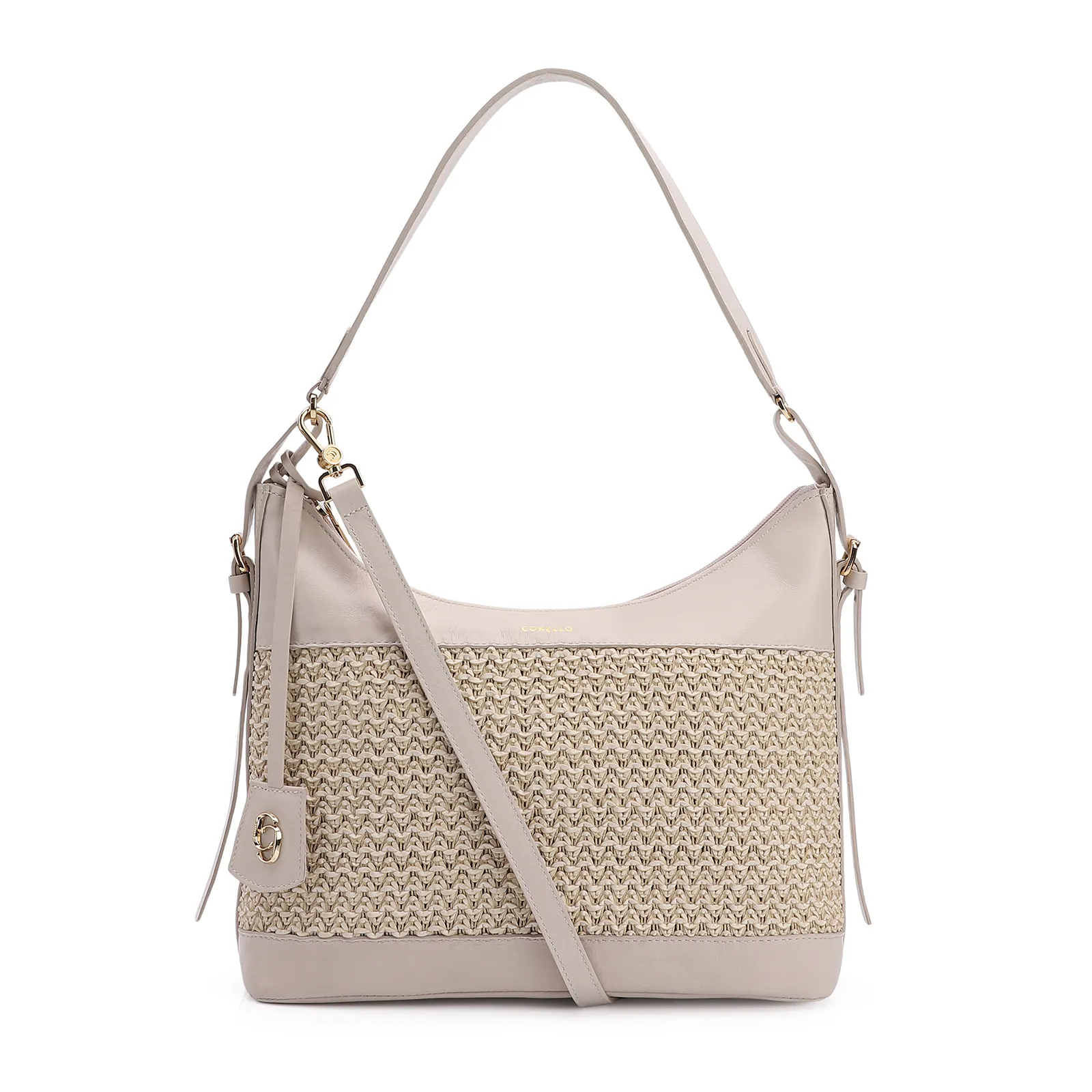 Bolsa Hobo Couro Off White/Crochet Off White