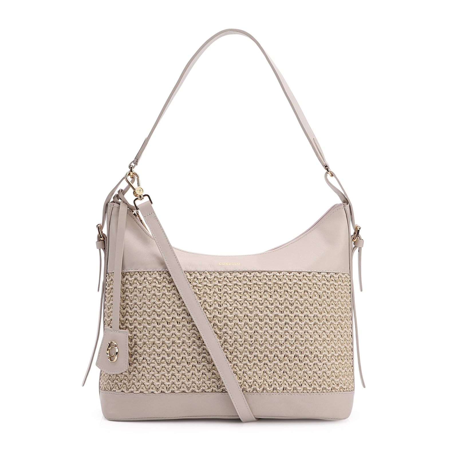 Bolsa Hobo Couro Off White/Crochet Off White