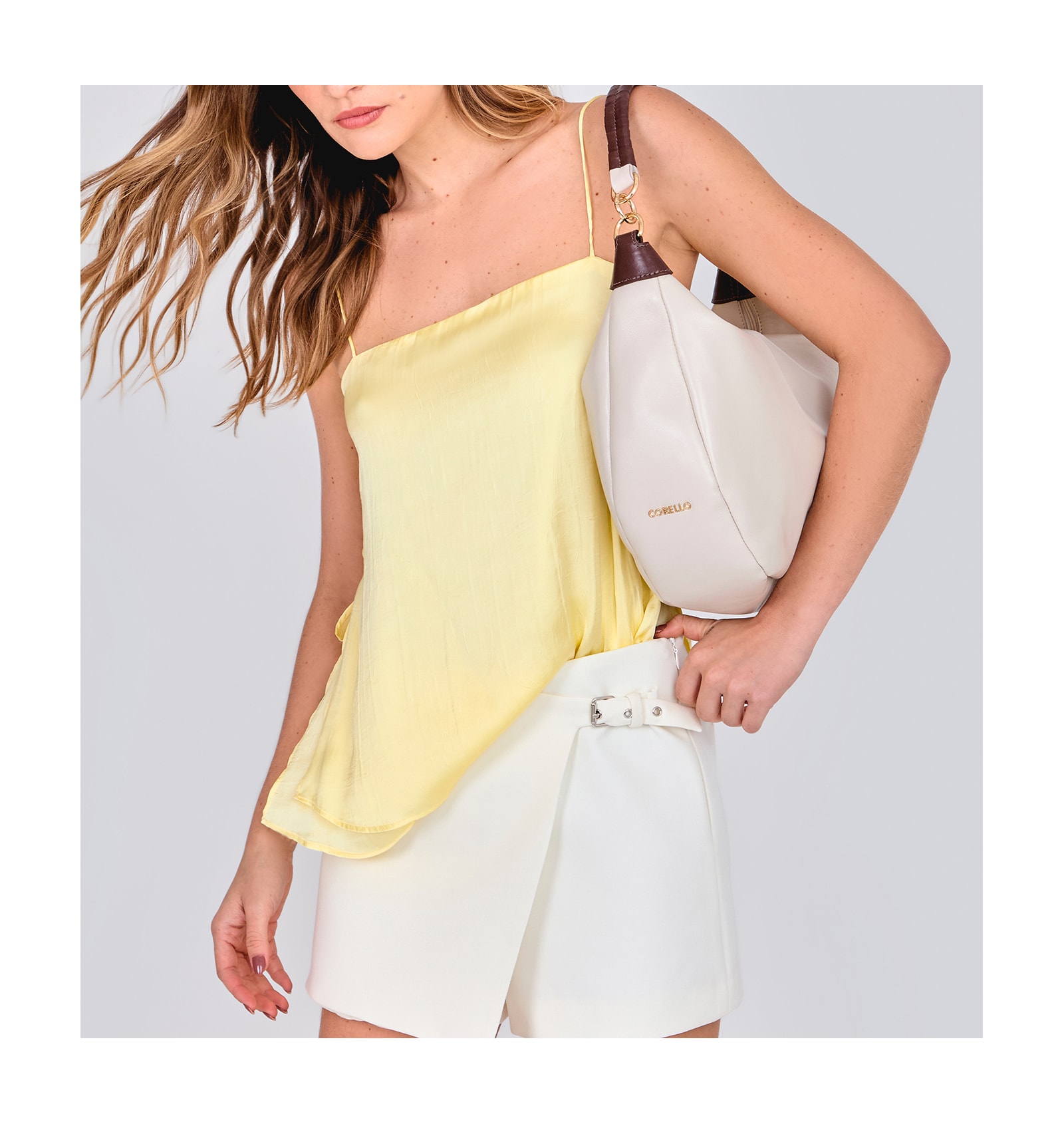 Bolsa Hobo Couro Off White /Marrom