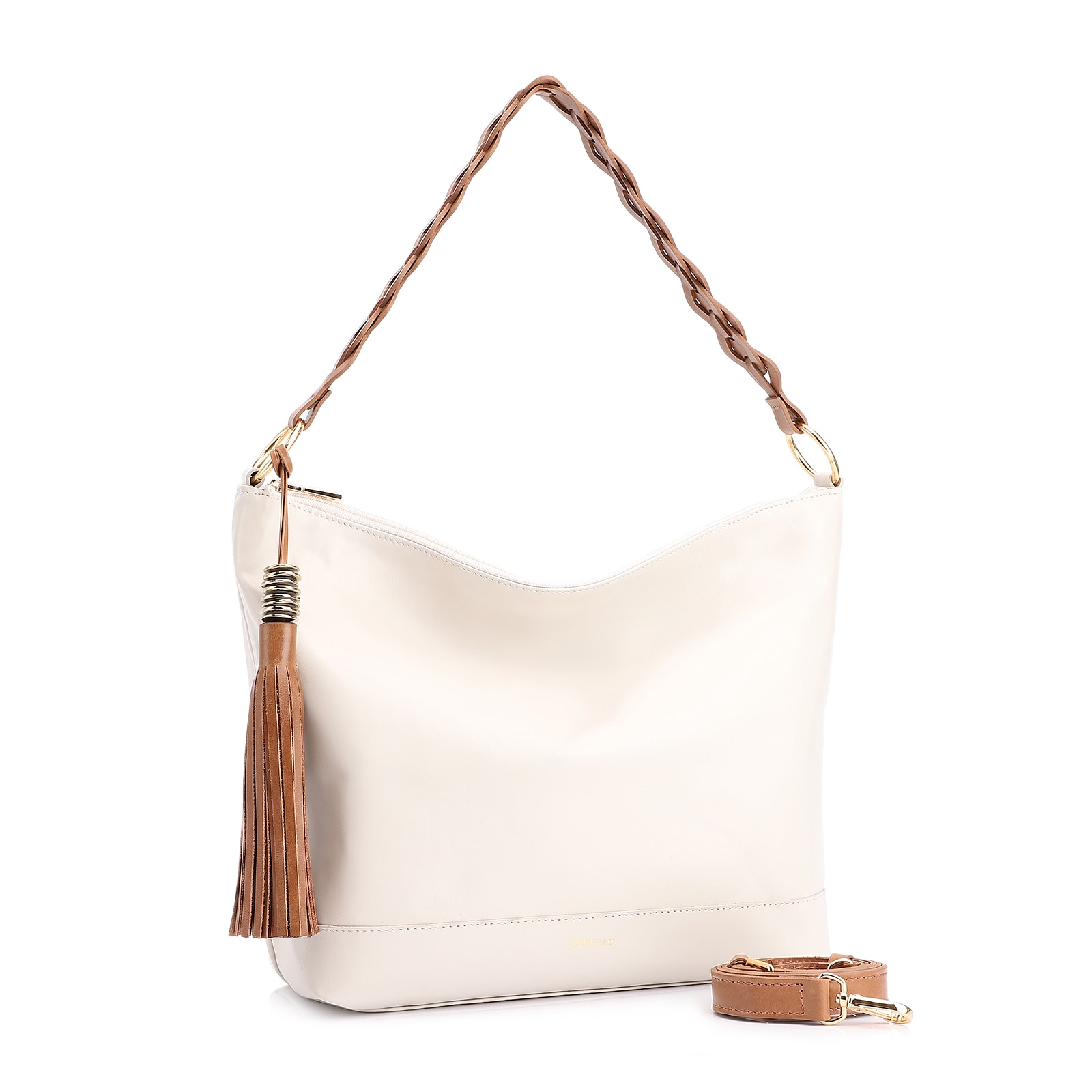 Bolsa Hobo Couro Off White/Marrom