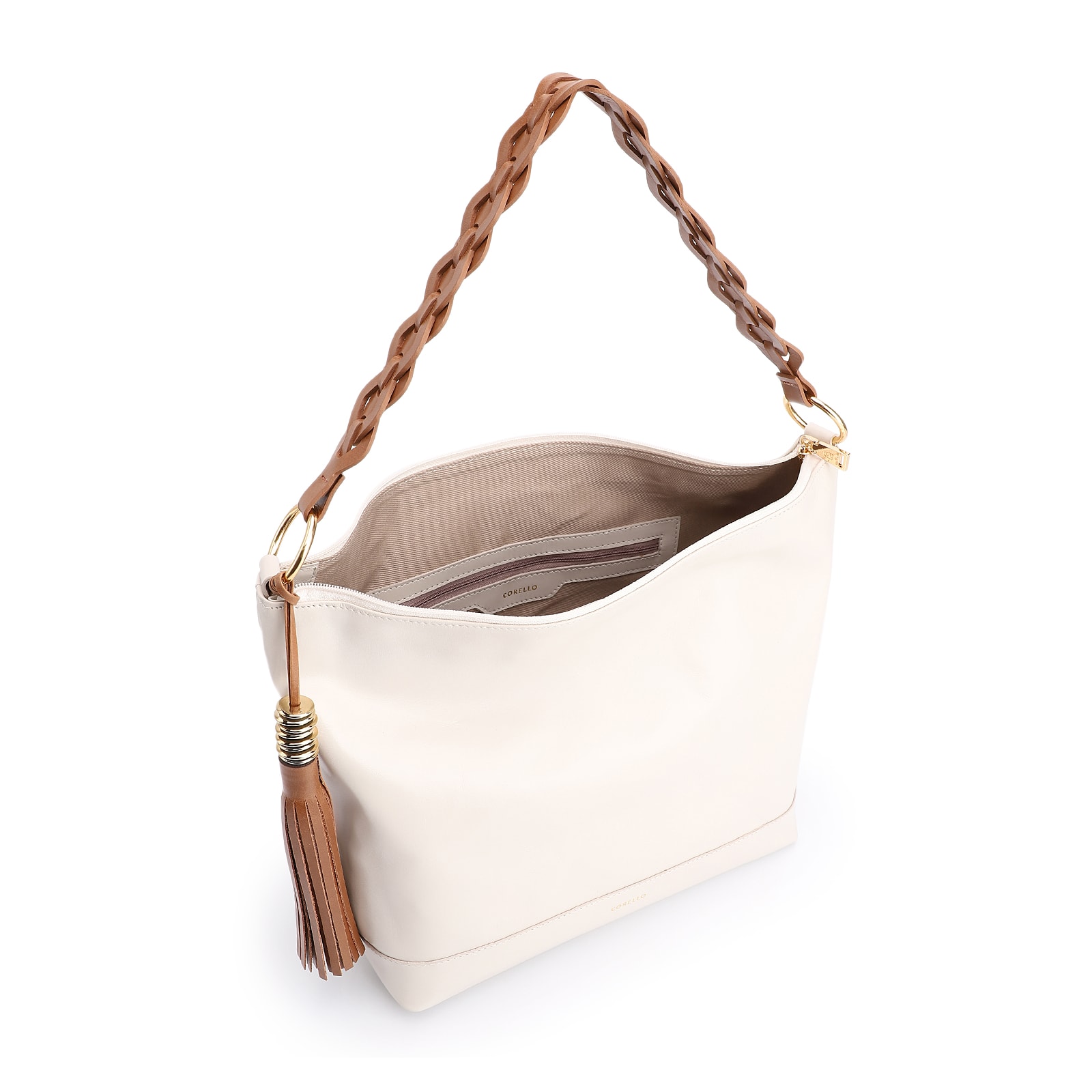Bolsa Hobo Couro Off White/Marrom