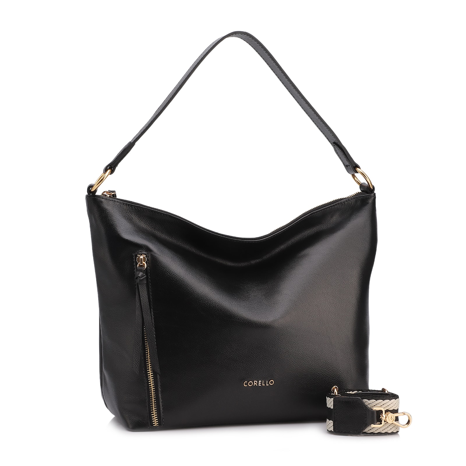 Bolsa Hobo Couro Preto  Zíper Lateral