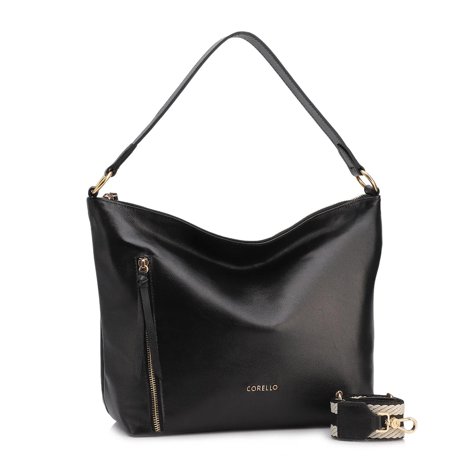 Bolsa Hobo Couro Preto Zíper Lateral