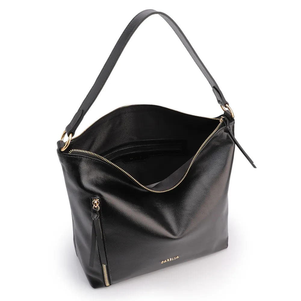 Bolsa Hobo Couro Preto  Zíper Lateral - imagem 5