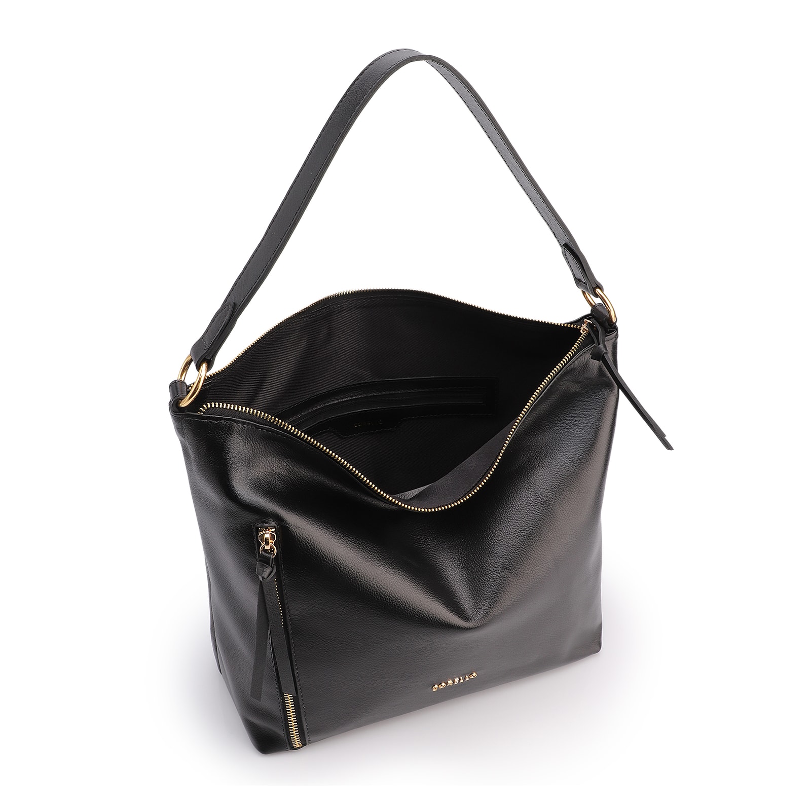 Bolsa Hobo Couro Preto  Zíper Lateral