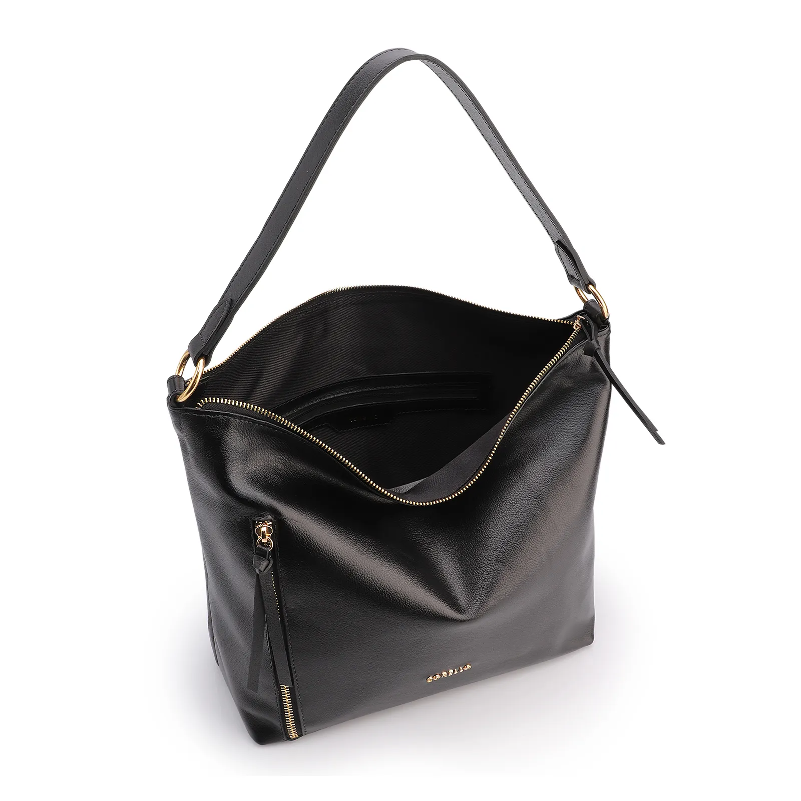 Bolsa Hobo Couro Preto Zíper Lateral