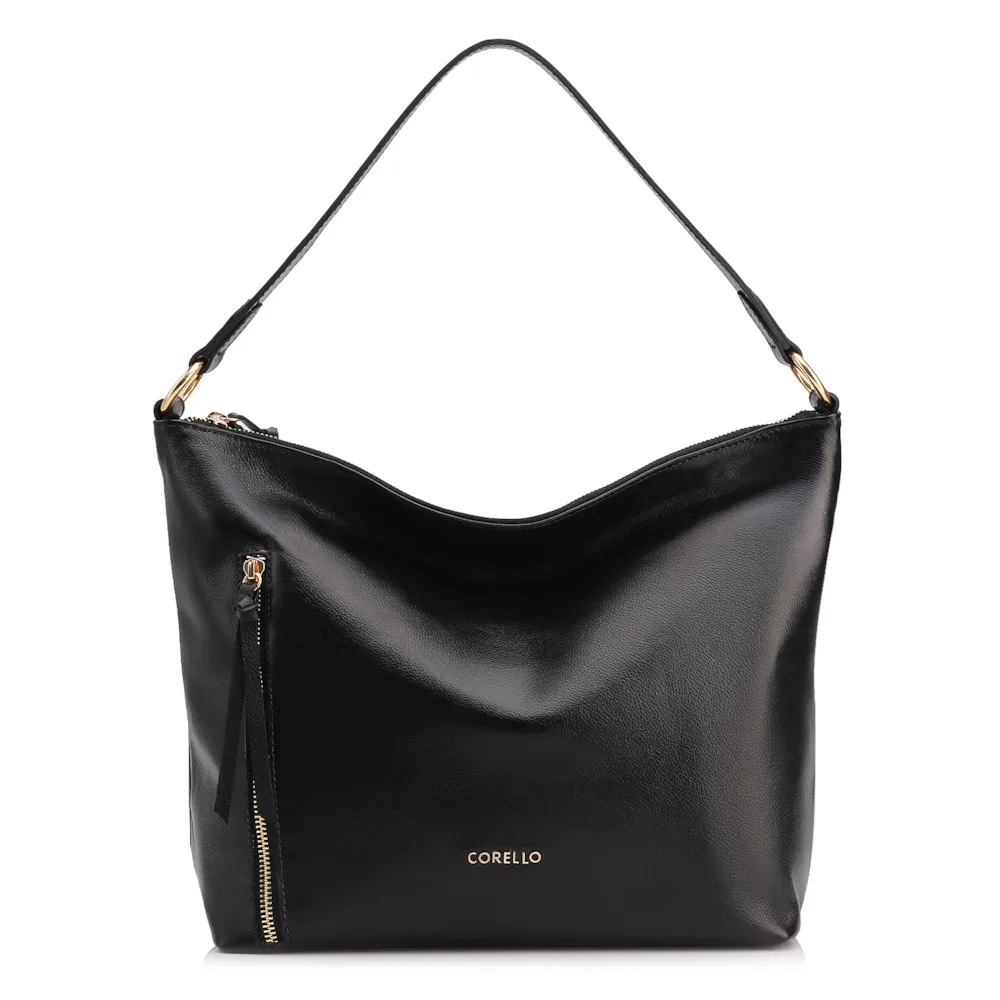 Bolsa Hobo Couro Preto  Zíper Lateral