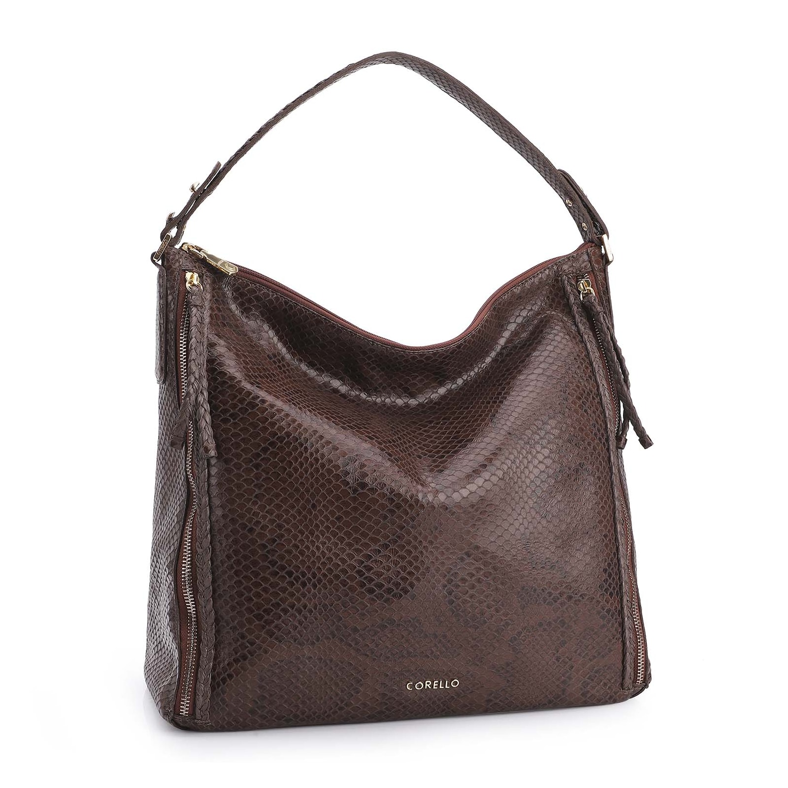 Bolsa Hobo Couro Python Marrom