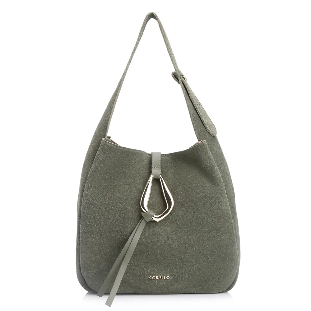 Bolsa Hobo Fivela Couro Camurça Verde