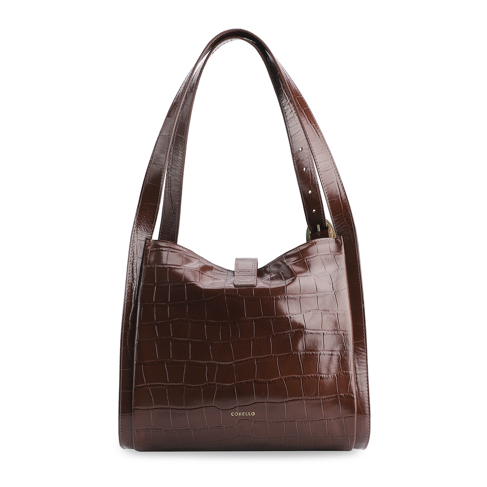 Bolsa Hobo Fivela Couro Croco Marrom
