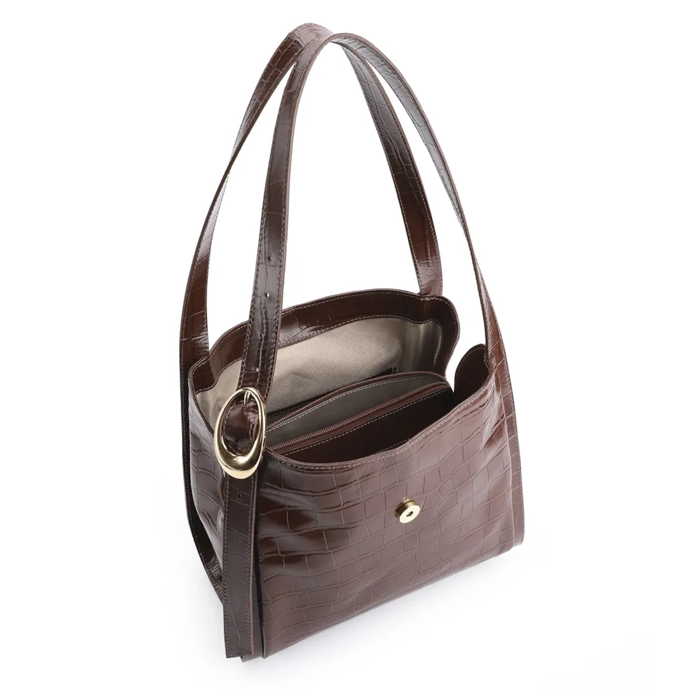 Bolsa Hobo Fivela Couro Croco Marrom - imagem 4