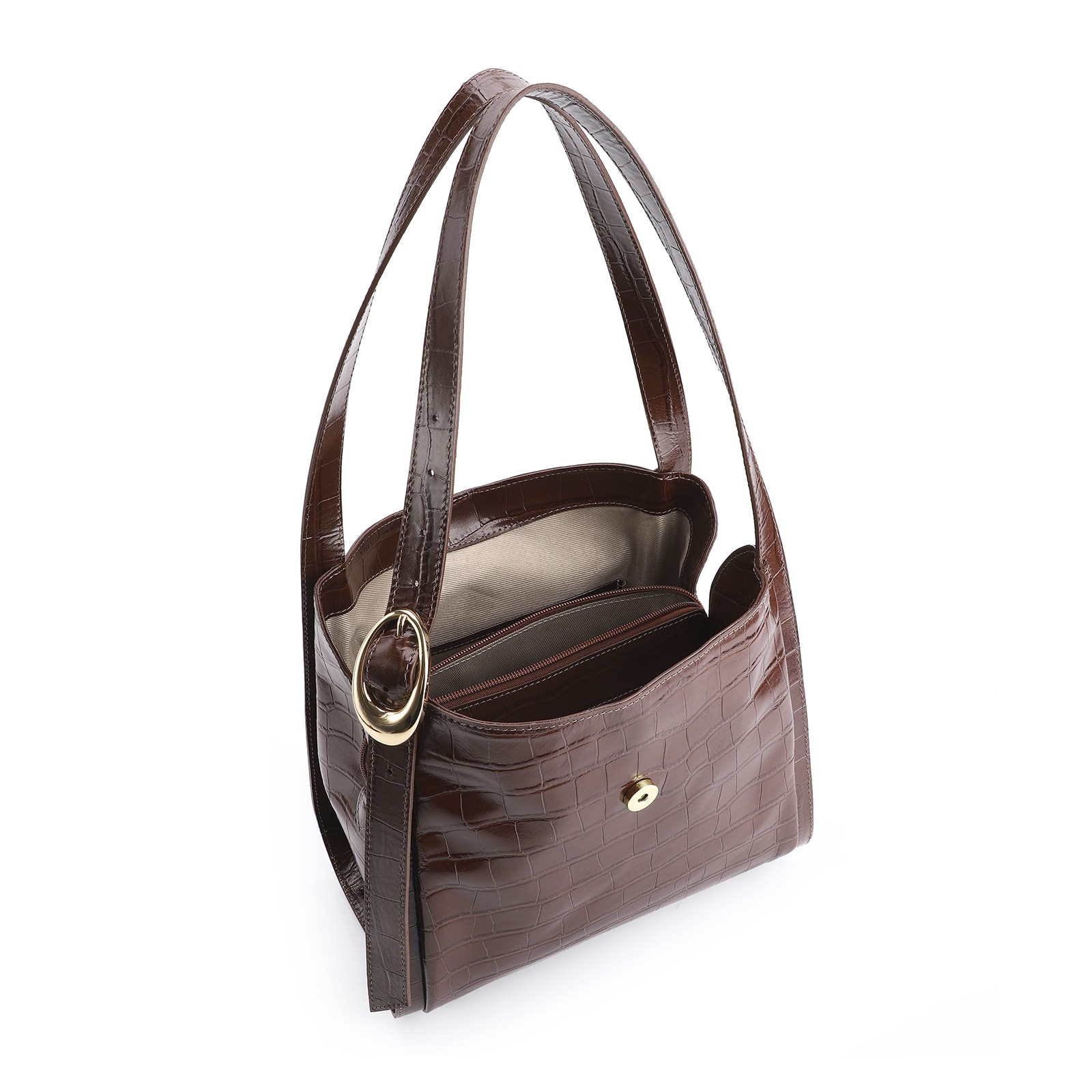Bolsa Hobo Fivela Couro Croco Marrom
