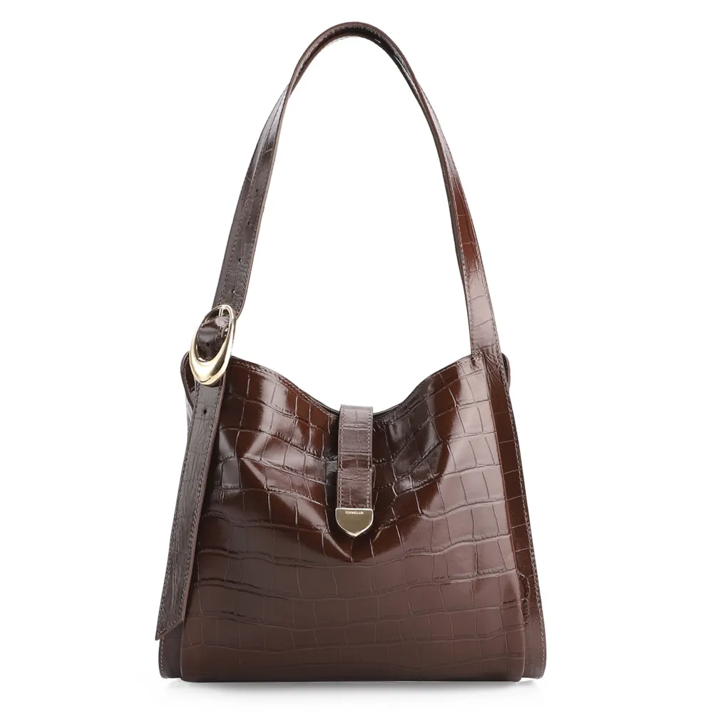 Bolsa Hobo Fivela Couro Croco Marrom
