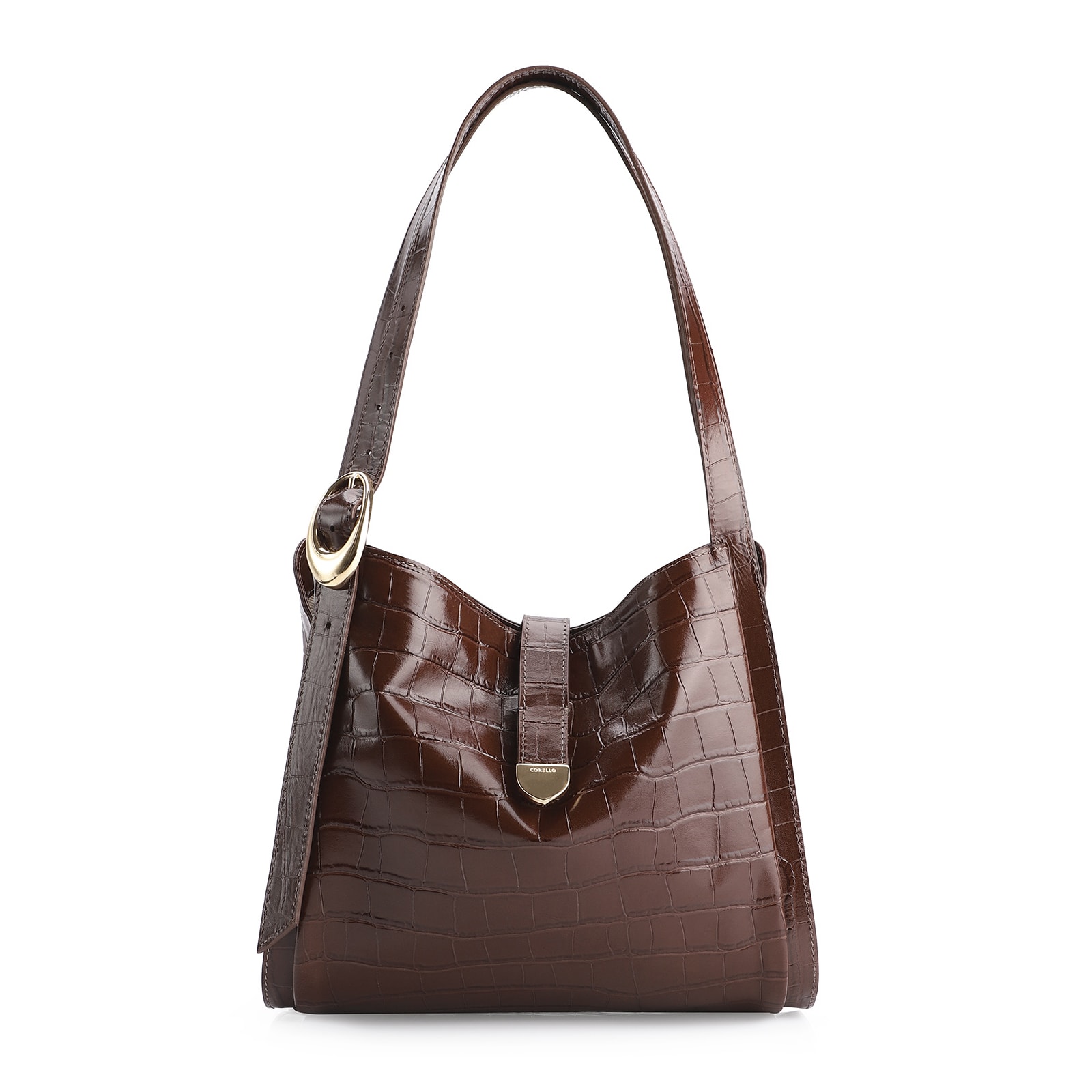 Bolsa Hobo Fivela Couro Croco Marrom
