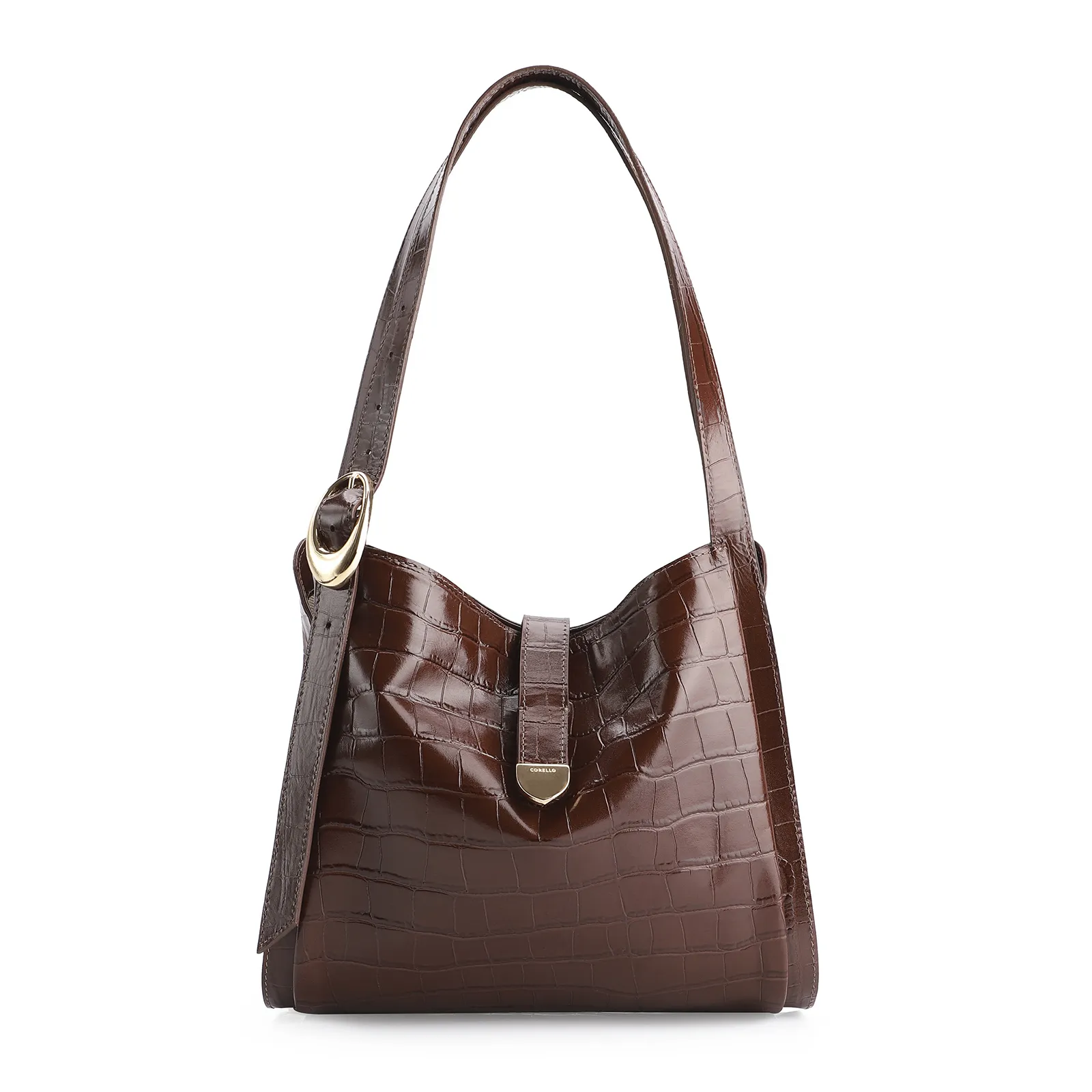 Bolsa Hobo Fivela Couro Croco Marrom