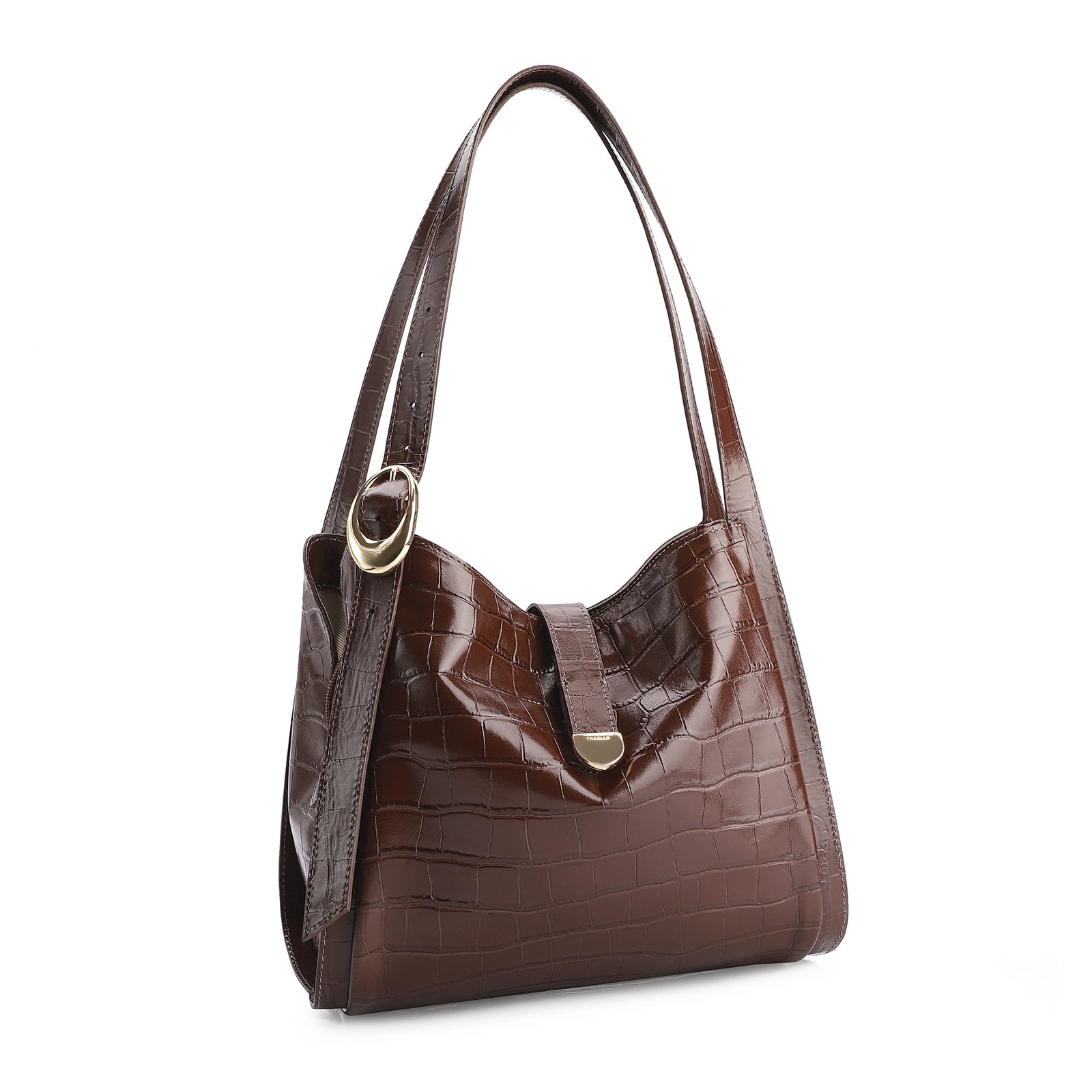 Bolsa Hobo Fivela Couro Croco Marrom