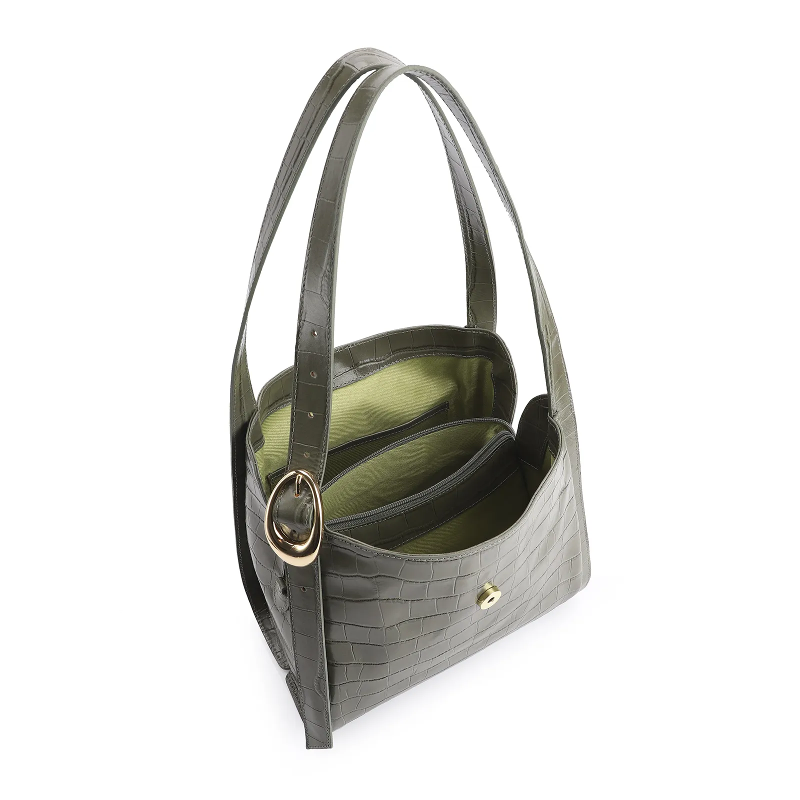 Bolsa Hobo Fivela Couro Croco Verde