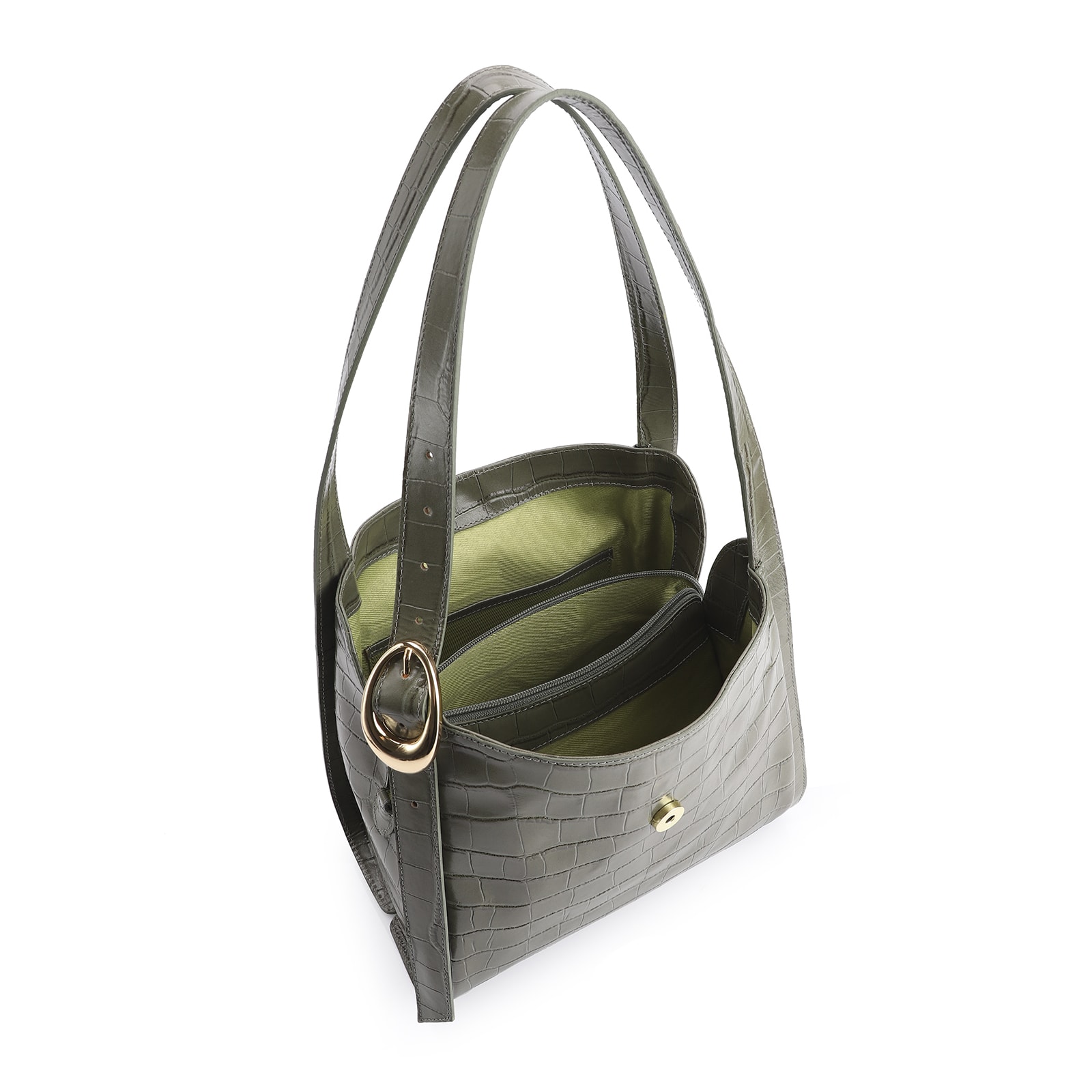 Bolsa Hobo Fivela Couro Croco Verde