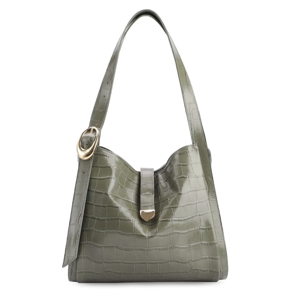 Bolsa Hobo Fivela Couro Croco Verde