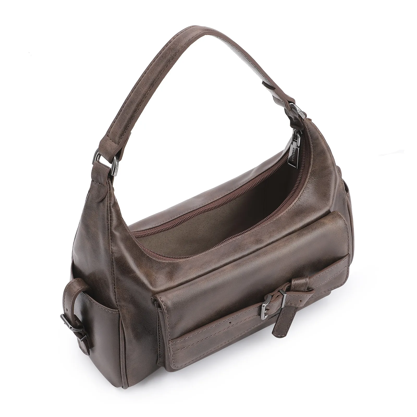 Bolsa Hobo Fivela Couro Estonado Marrom