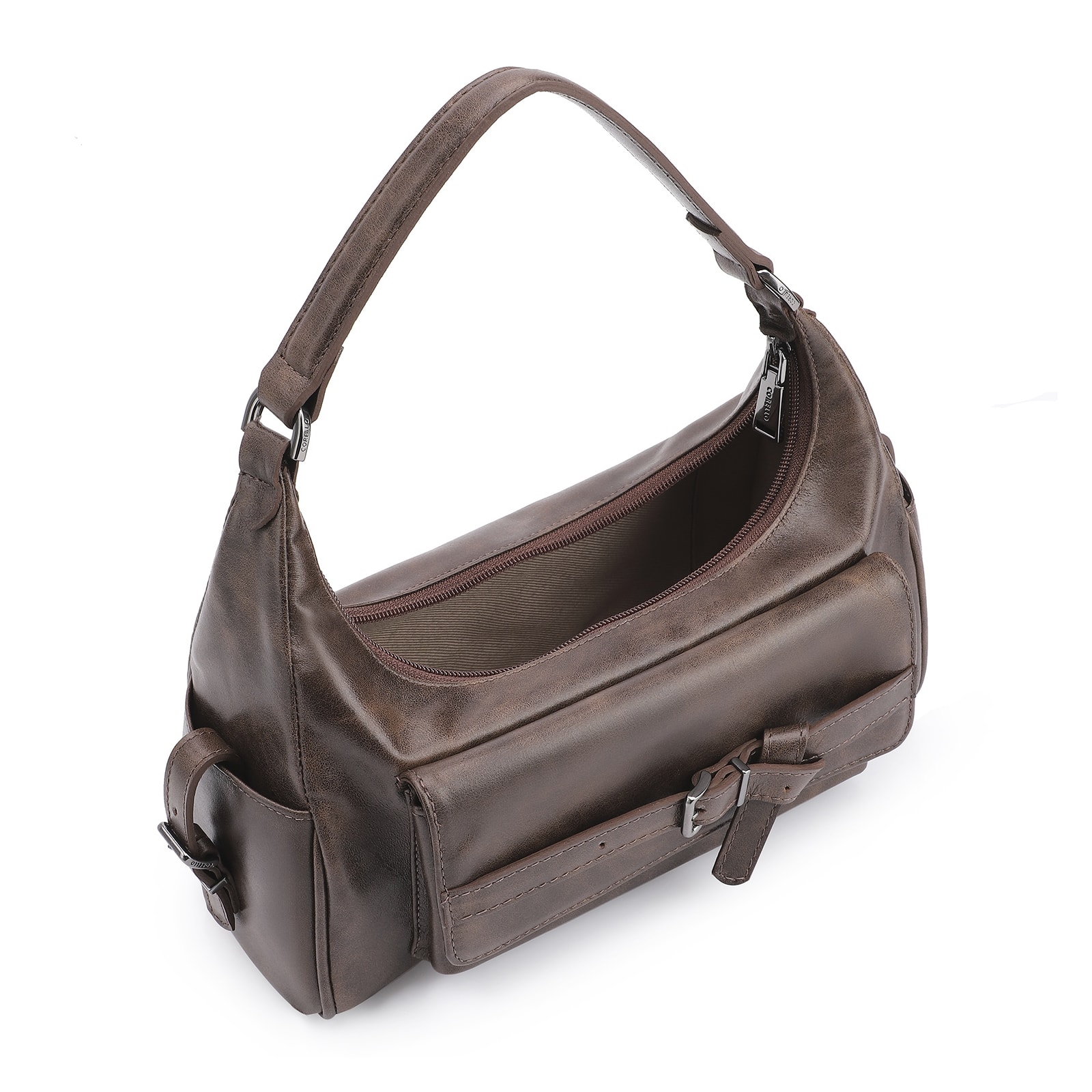 Bolsa Hobo Fivela Couro Estonado Marrom