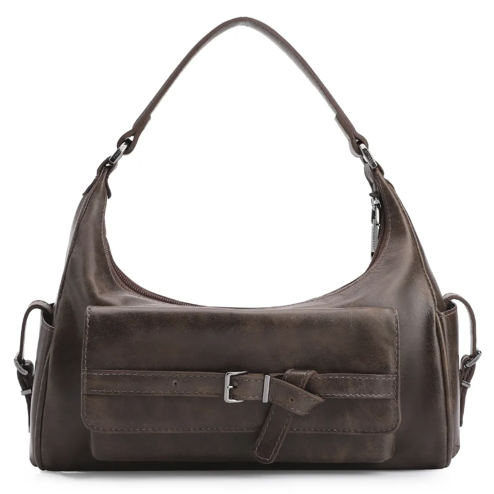 Bolsa Hobo Fivela Couro Estonado Marrom