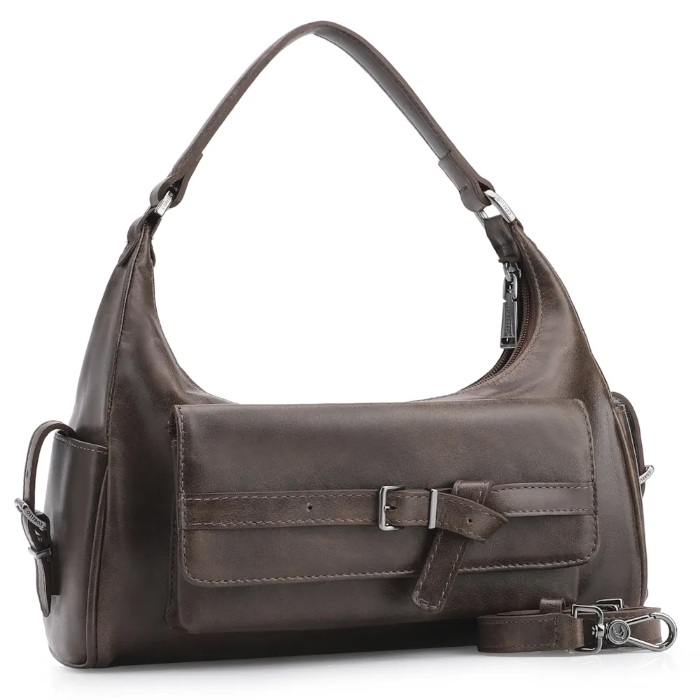 Bolsa Hobo Fivela Couro Estonado Marrom - imagem 2