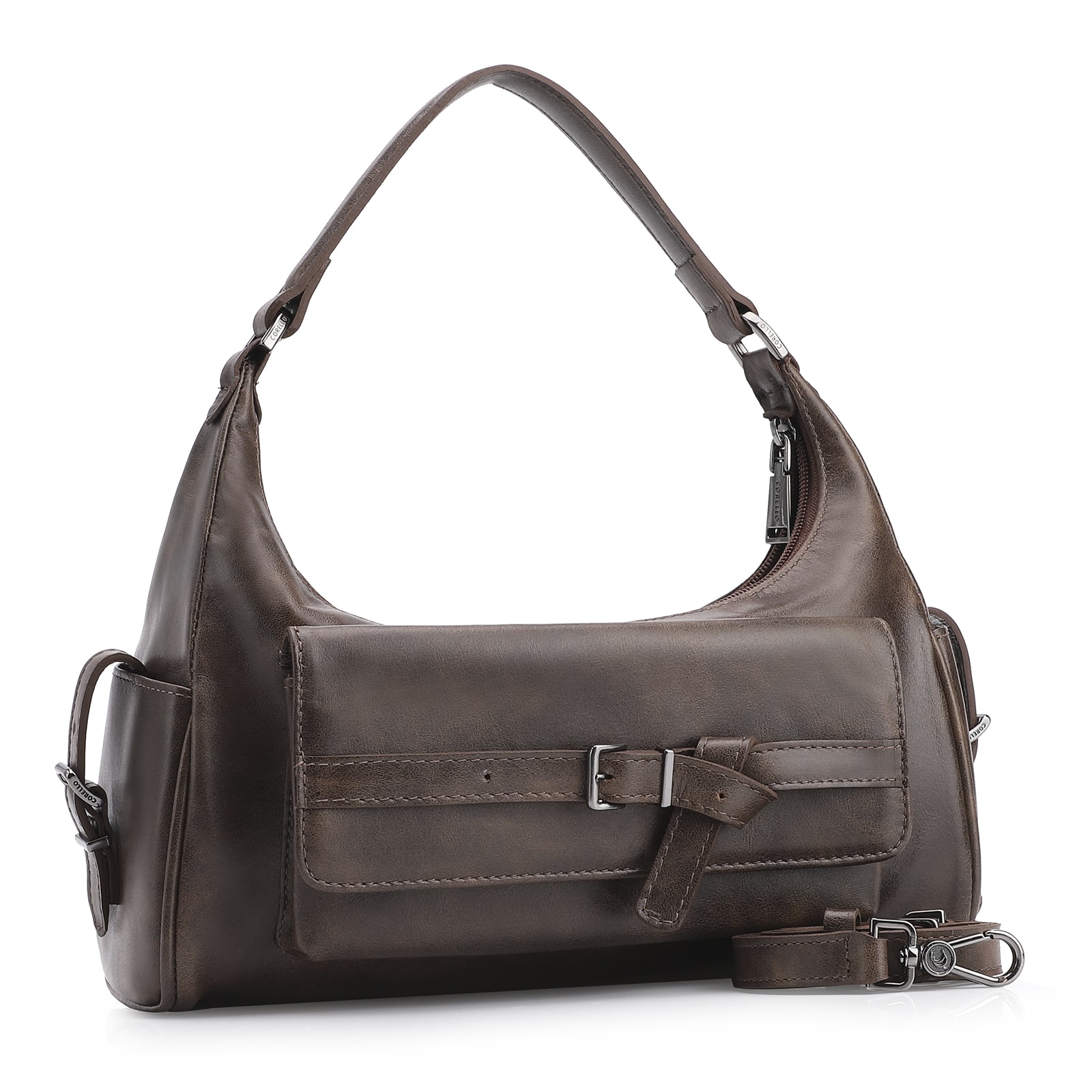 Bolsa Hobo Fivela Couro Estonado Marrom