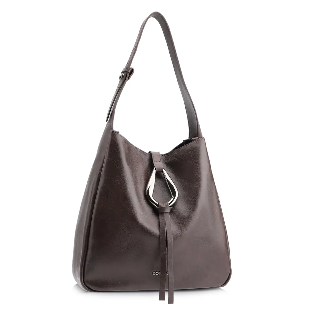Bolsa Hobo Fivela Couro Estonado Marrom - imagem 2
